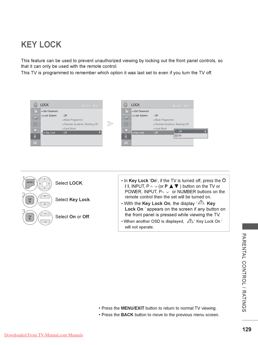 LG Electronics 22LE3, 32LD35, 26LE3, 22LD35, 19LE3, 32LE3, 26LD35, 19LD35 owner manual KEY Lock, 129 