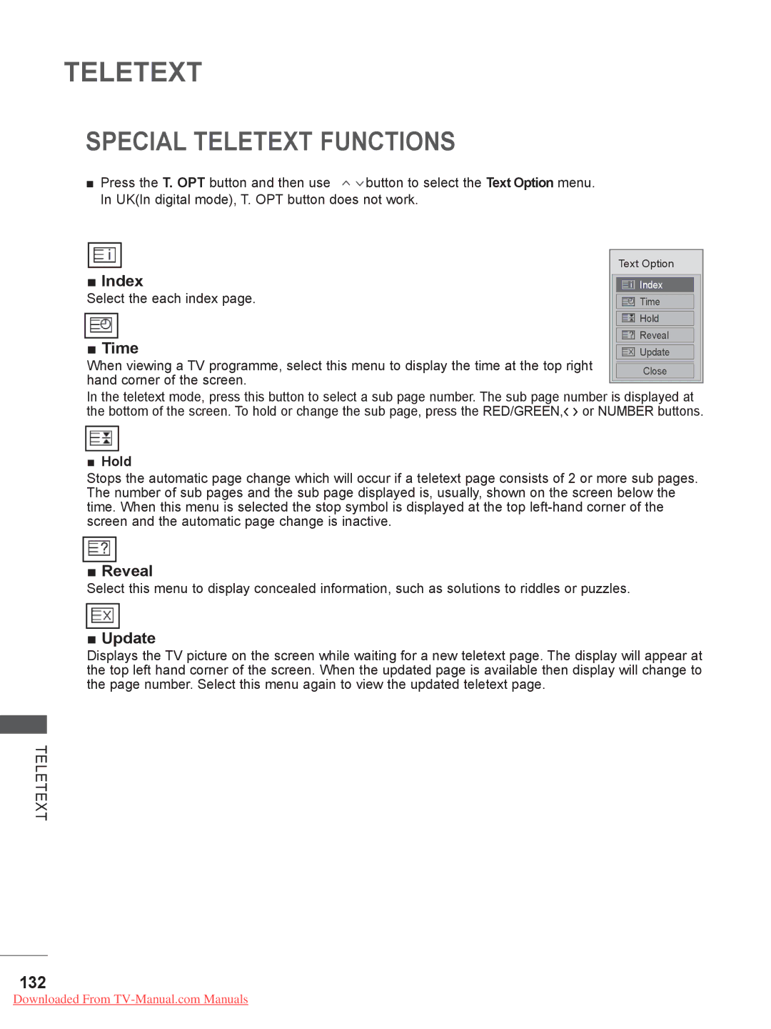 LG Electronics 19LE3, 32LD35, 22LE3, 26LE3, 22LD35, 32LE3, 26LD35, 19LD35 owner manual Special Teletext Functions, 132 