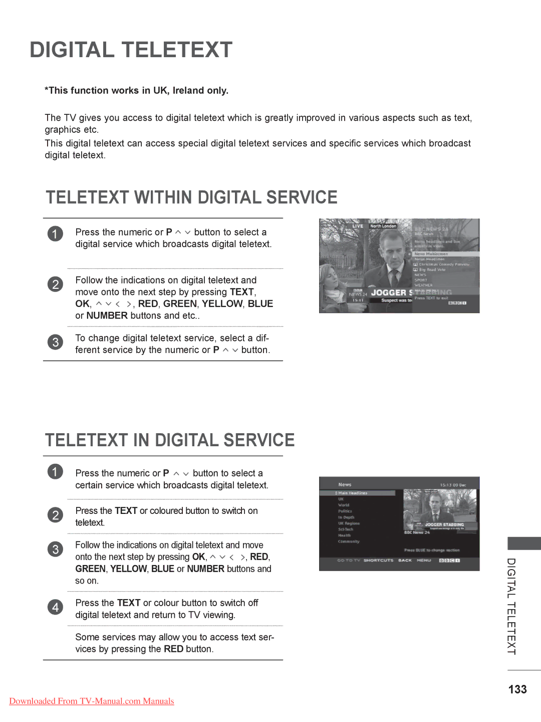 LG Electronics 32LE3, 32LD35, 22LE3 Teletext Within Digital Service, Teletext in Digital Service, 133, Digital Teletext 