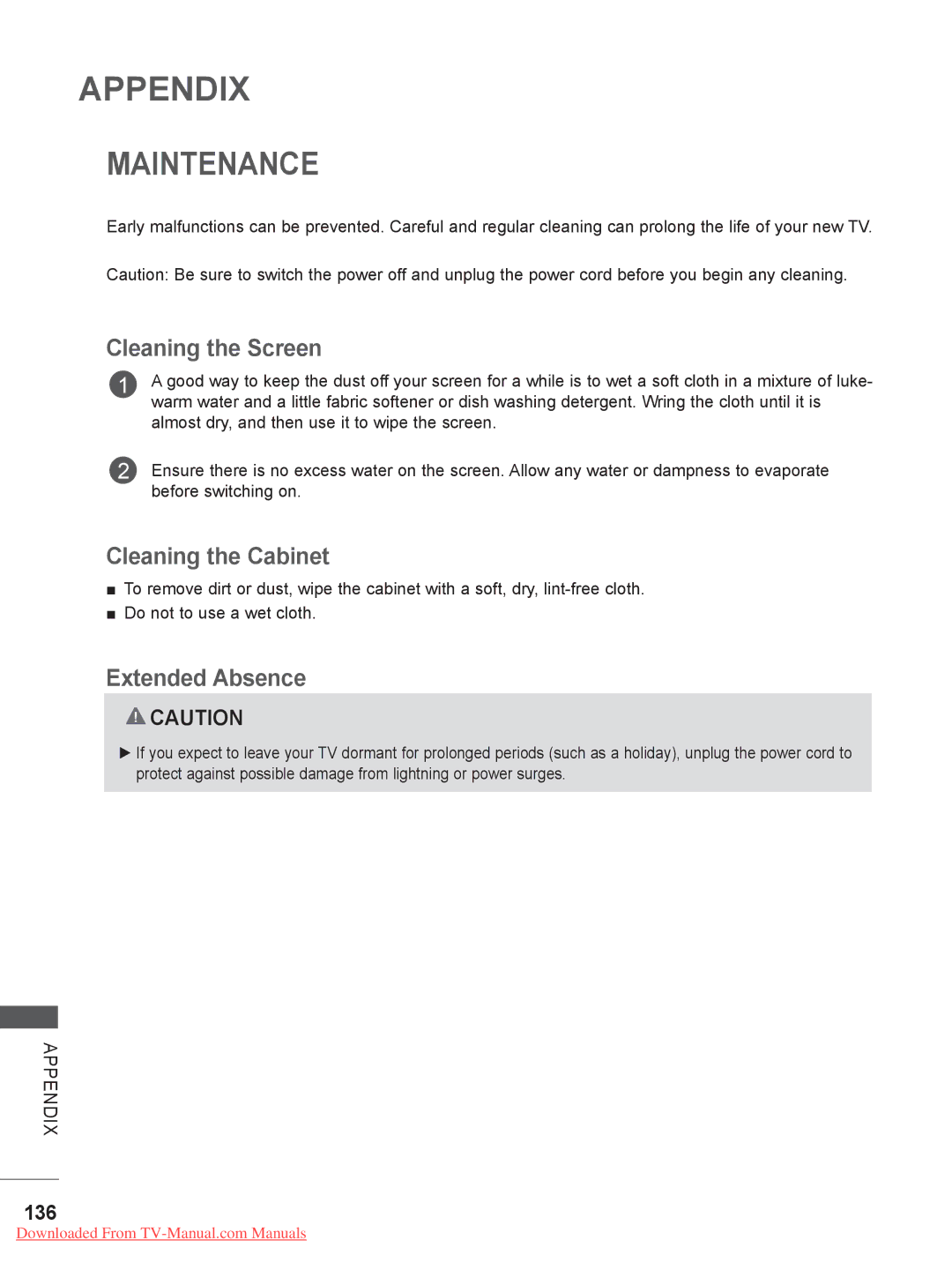 LG Electronics 32LD35, 22LE3, 26LE3, 22LD35 Maintenance, Cleaning the Screen, Cleaning the Cabinet, Extended Absence, 136 