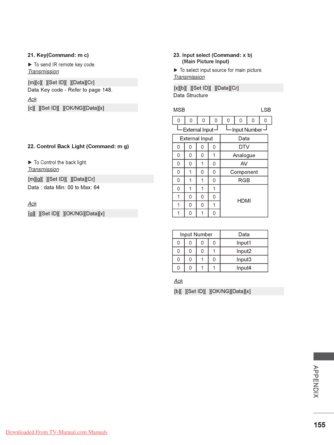 LG Electronics 22LD35, 32LD35, 22LE3, 26LE3, 19LE3, 32LE3, 26LD35, 19LD35 owner manual 155, KeyCommand m c 