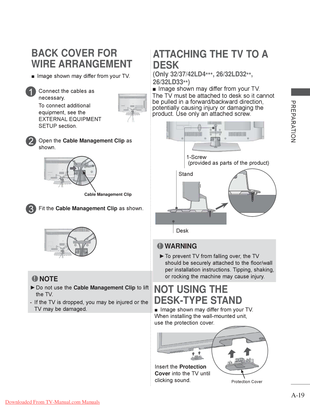 LG Electronics 19LD35 Attaching the TV to a Desk, Not Using DESK-TYPE Stand, Open the Cable Management Clip as shown 