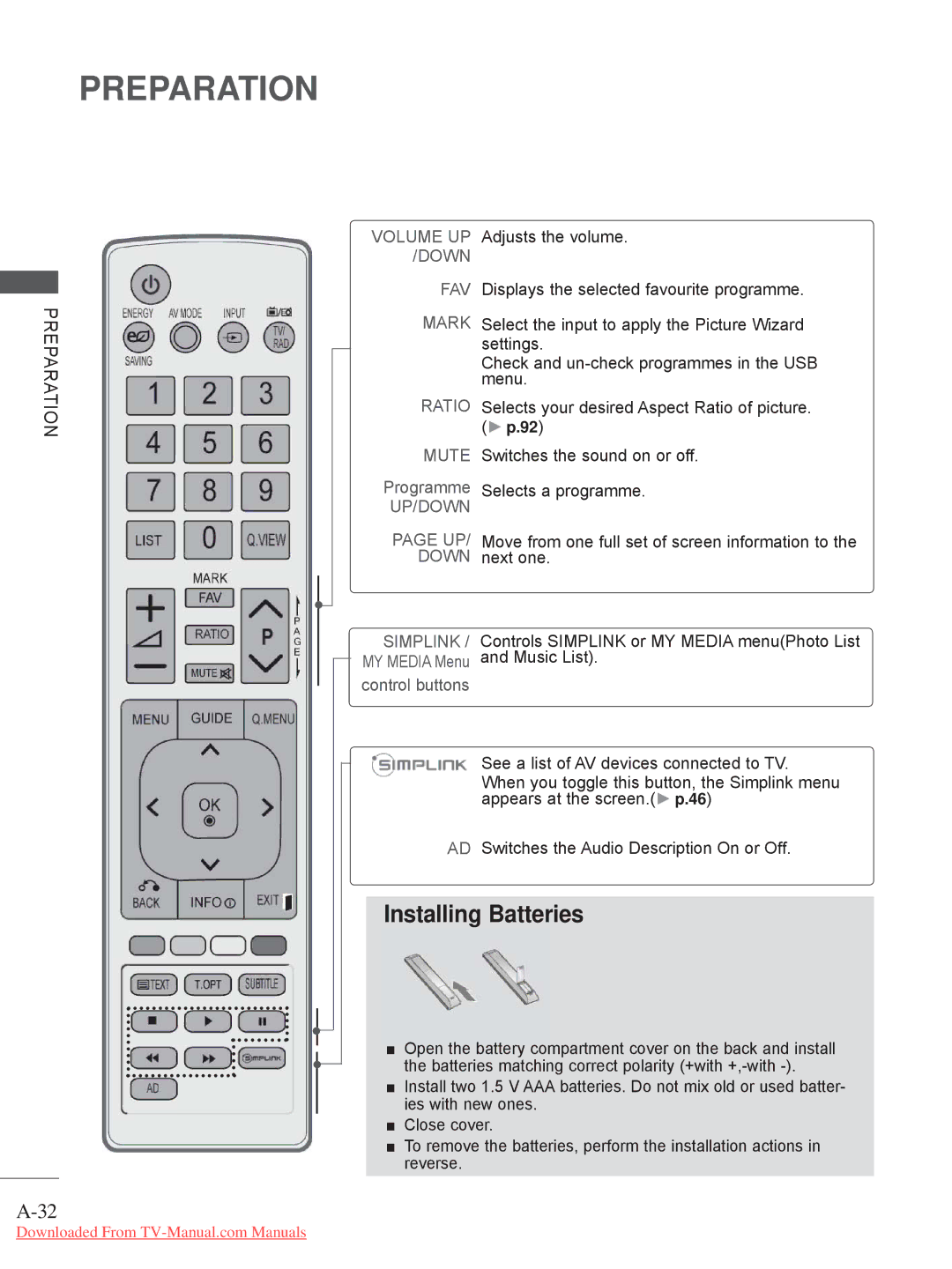 LG Electronics 19LE3, 32LD35, 22LE3, 26LE3, 22LD35, 32LE3, 26LD35, 19LD35 owner manual Installing Batteries 