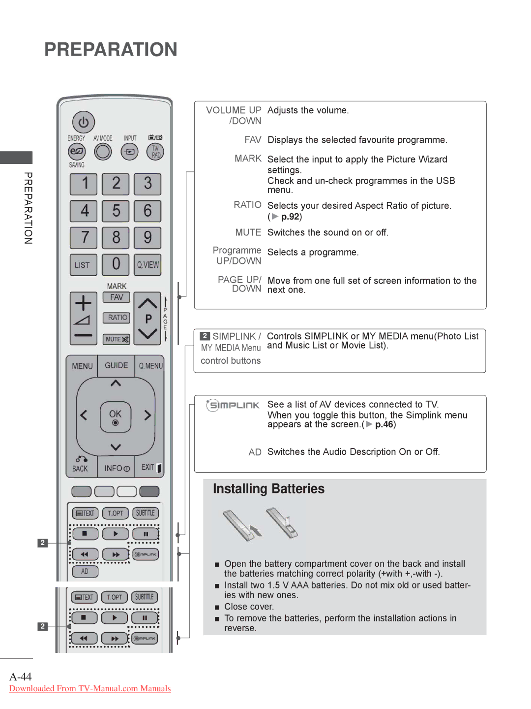 LG Electronics 32LD35, 22LE3, 26LE3, 22LD35, 19LE3, 32LE3, 26LD35, 19LD35 owner manual Installing Batteries 