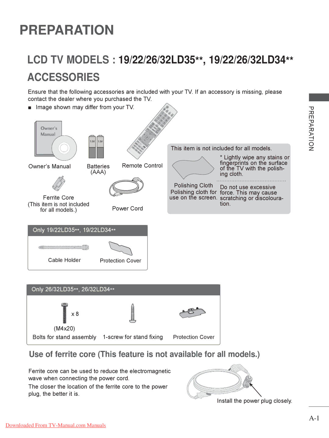 LG Electronics 32LE3, 32LD35, 22LE3, 26LE3, 22LD35, 19LE3, 26LD35, 19LD35 Accessories, Preparation, Power Cord, Polishing Cloth 