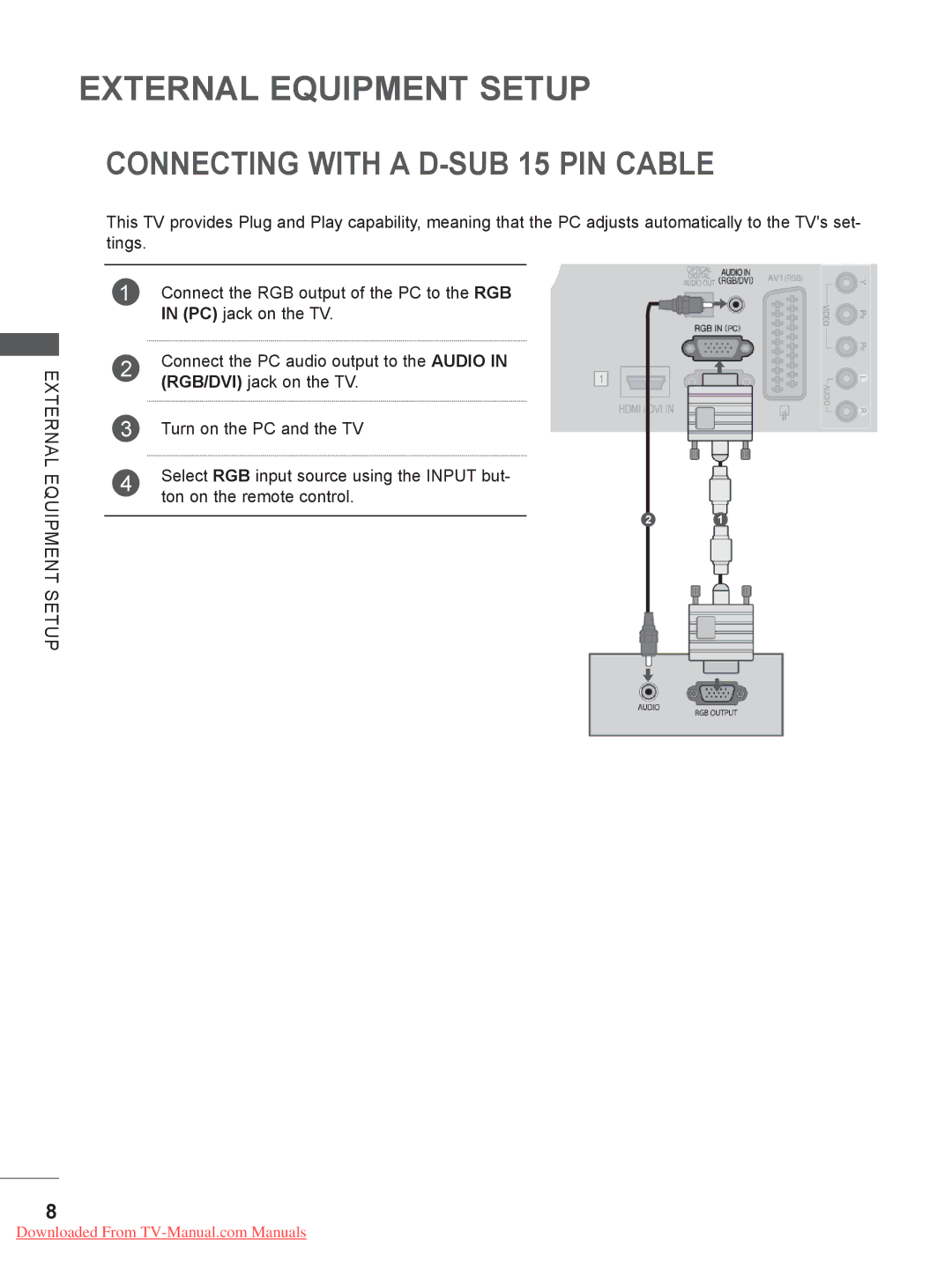 LG Electronics 32LD35 Connecting with a D-SUB 15 PIN Cable, PC jack on the TV, Connect the PC audio output to the Audio 