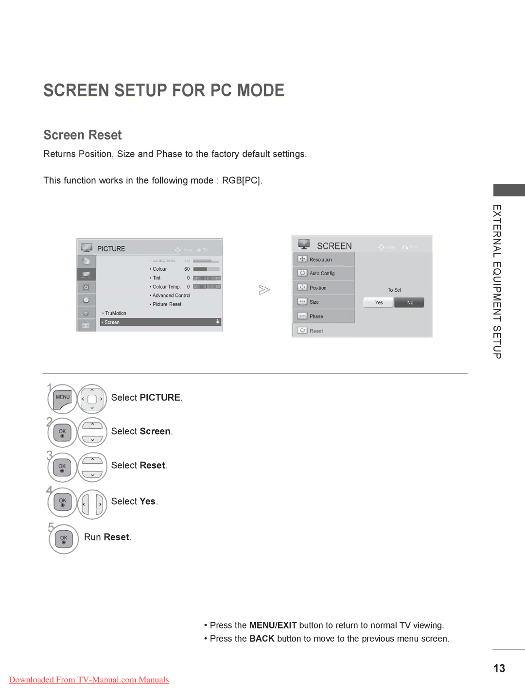 LG Electronics 32LE3, 32LD35 Screen Setup for PC Mode, Screen Reset, Select Picture Select Screen Select Reset Select Yes 