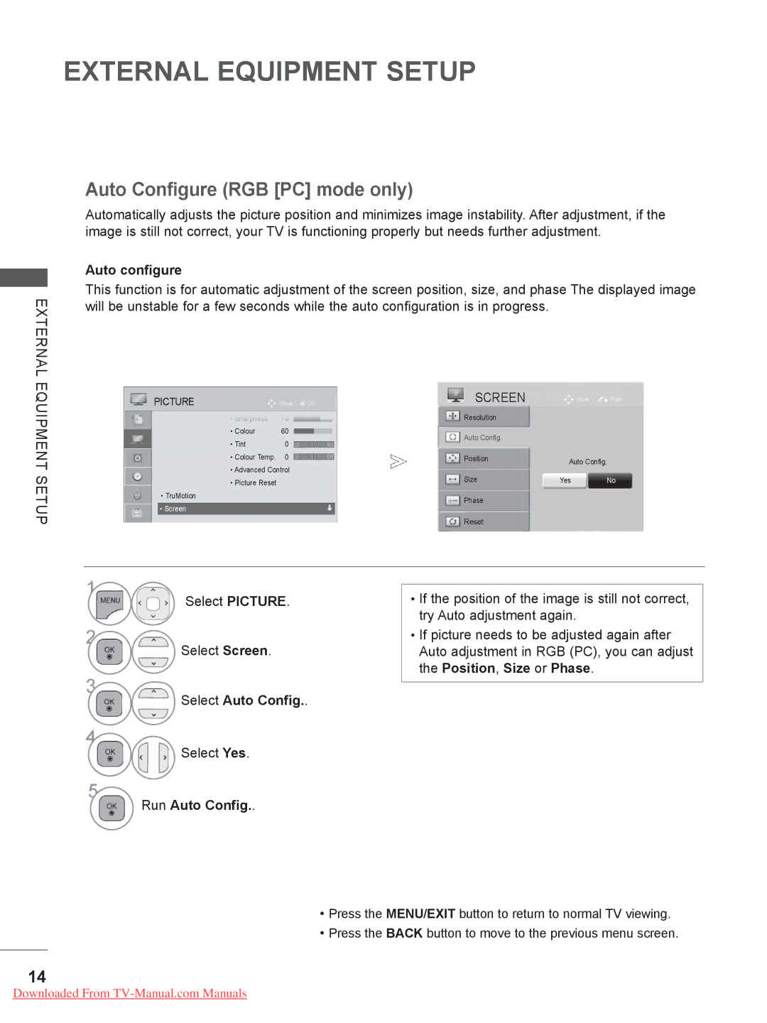 LG Electronics 26LD35 Auto Configure RGB PC mode only, Auto configure, Select Picture Select Screen, Select Auto Config 