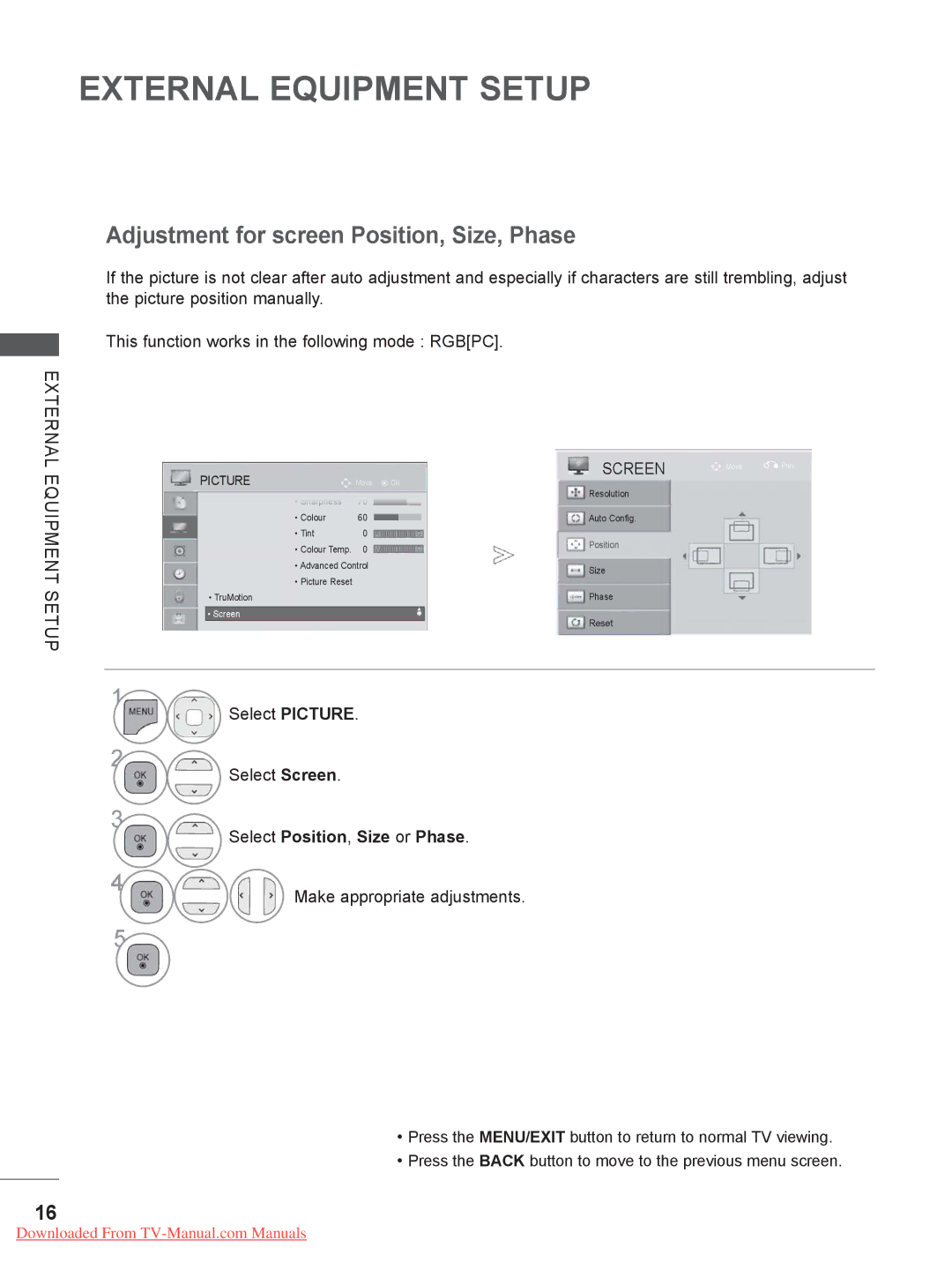 LG Electronics 32LD35, 22LE3, 26LE3, 22LD35 Adjustment for screen Position, Size, Phase, Select Position, Size or Phase 