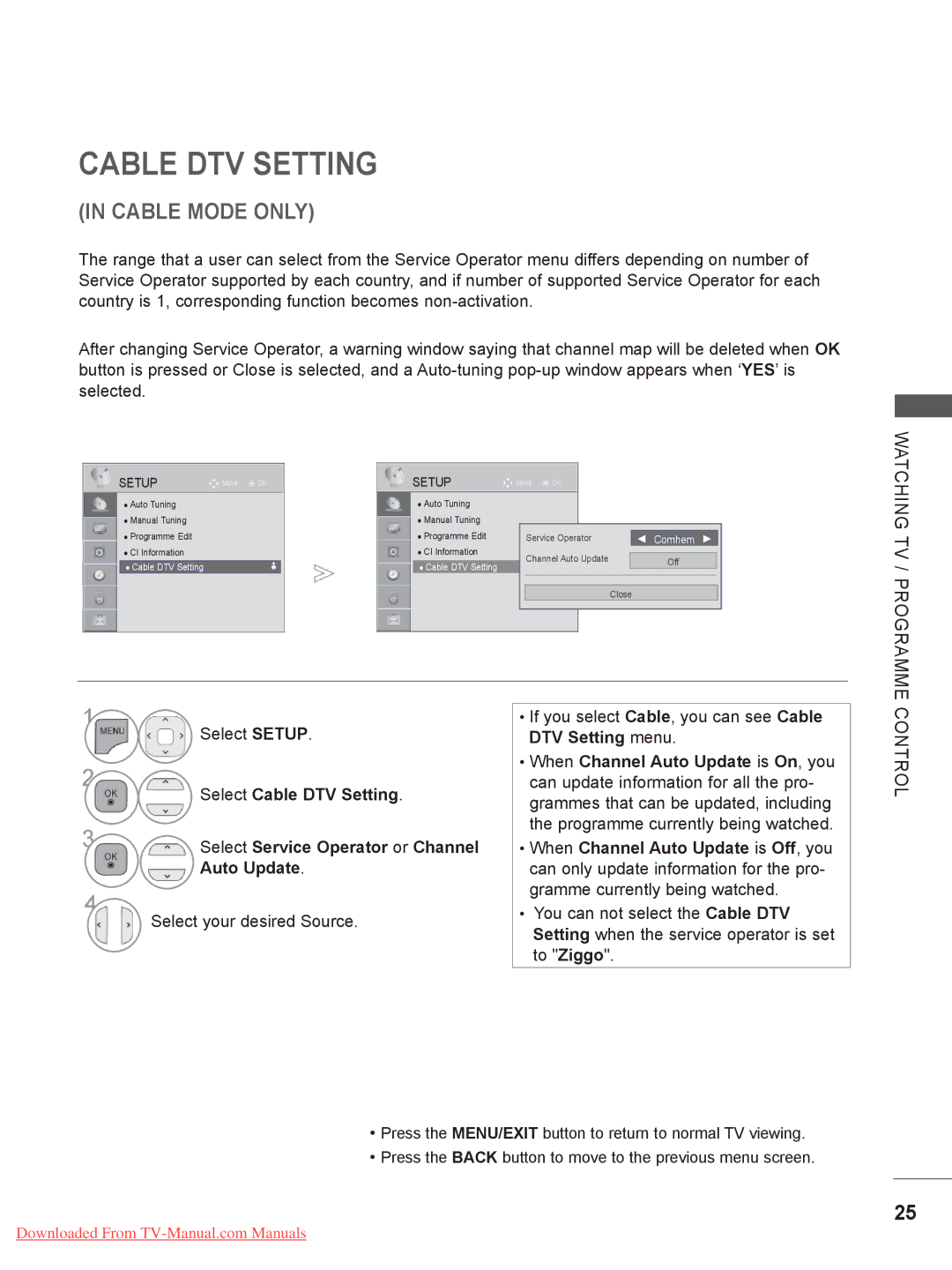 LG Electronics 22LE3, 32LD35, 26LE3, 22LD35, 19LE3, 32LE3, 26LD35, 19LD35 owner manual Cable DTV Setting, Watching TV / Programme 