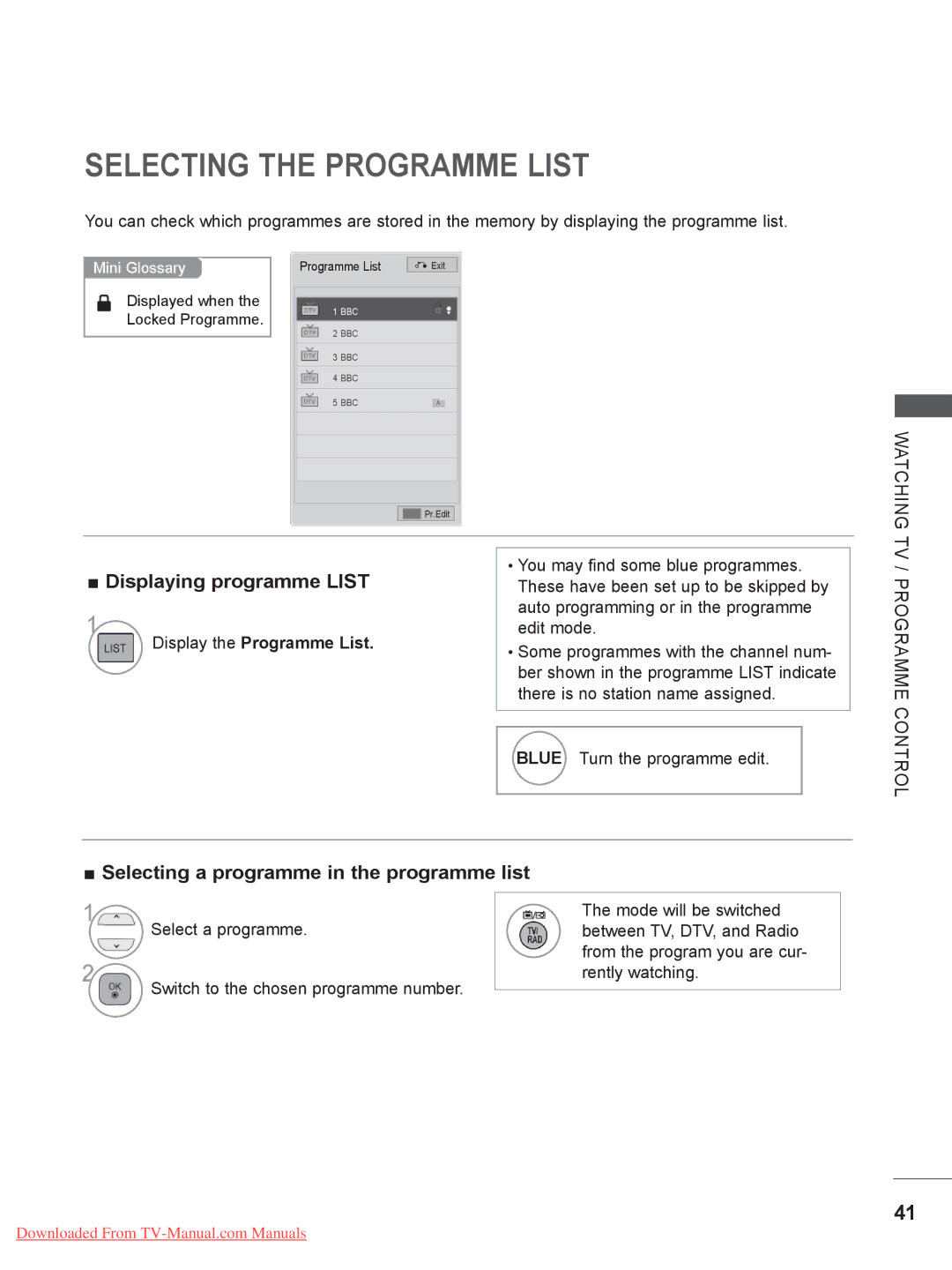 LG Electronics 22LE3 Selecting the Programme List, Displaying programme List, Selecting a programme in the programme list 