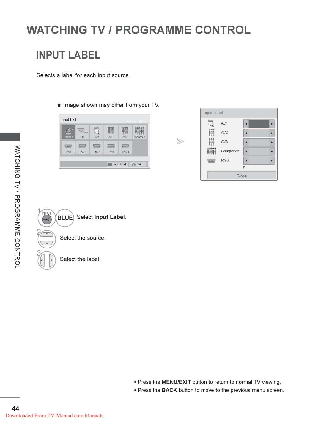 LG Electronics 19LE3, 32LD35, 22LE3, 26LE3, 22LD35, 32LE3 Selects a label for each input source, Blue Select Input Label 