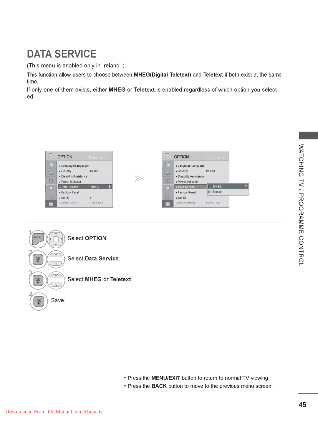 LG Electronics 32LE3, 32LD35, 22LE3, 26LE3, 22LD35, 19LE3 Select Option, Select Data Service Select Mheg or Teletext 