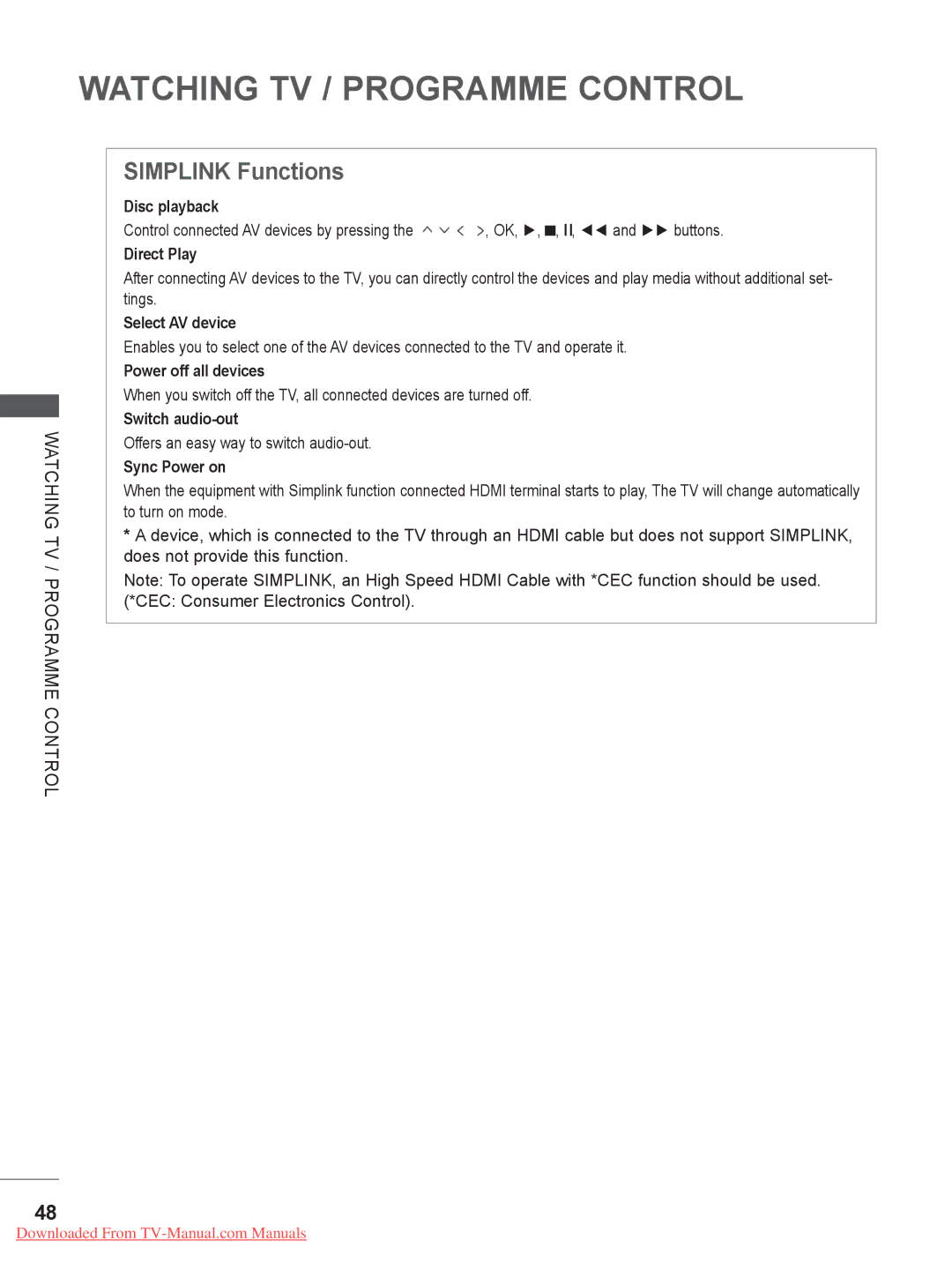 LG Electronics 32LD35, 22LE3, 26LE3, 22LD35, 19LE3, 32LE3, 26LD35, 19LD35 owner manual Simplink Functions 