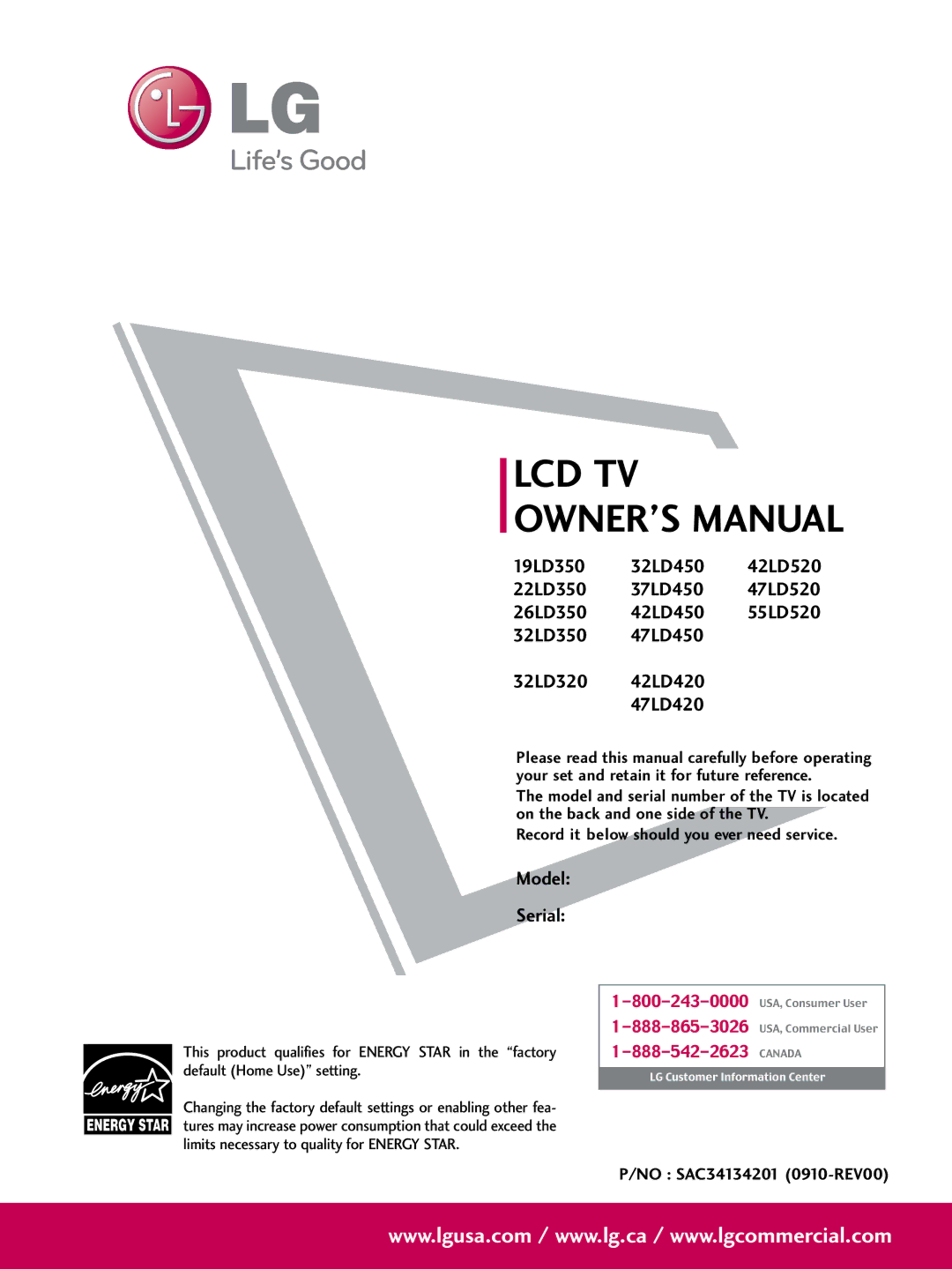 LG Electronics 47LD450, 32LD350, 47LD420, 37LD450, 32LD320, 26LD350, 22LD350, 32LD450, 42LD450, 42LD420 owner manual Lcd Tv 