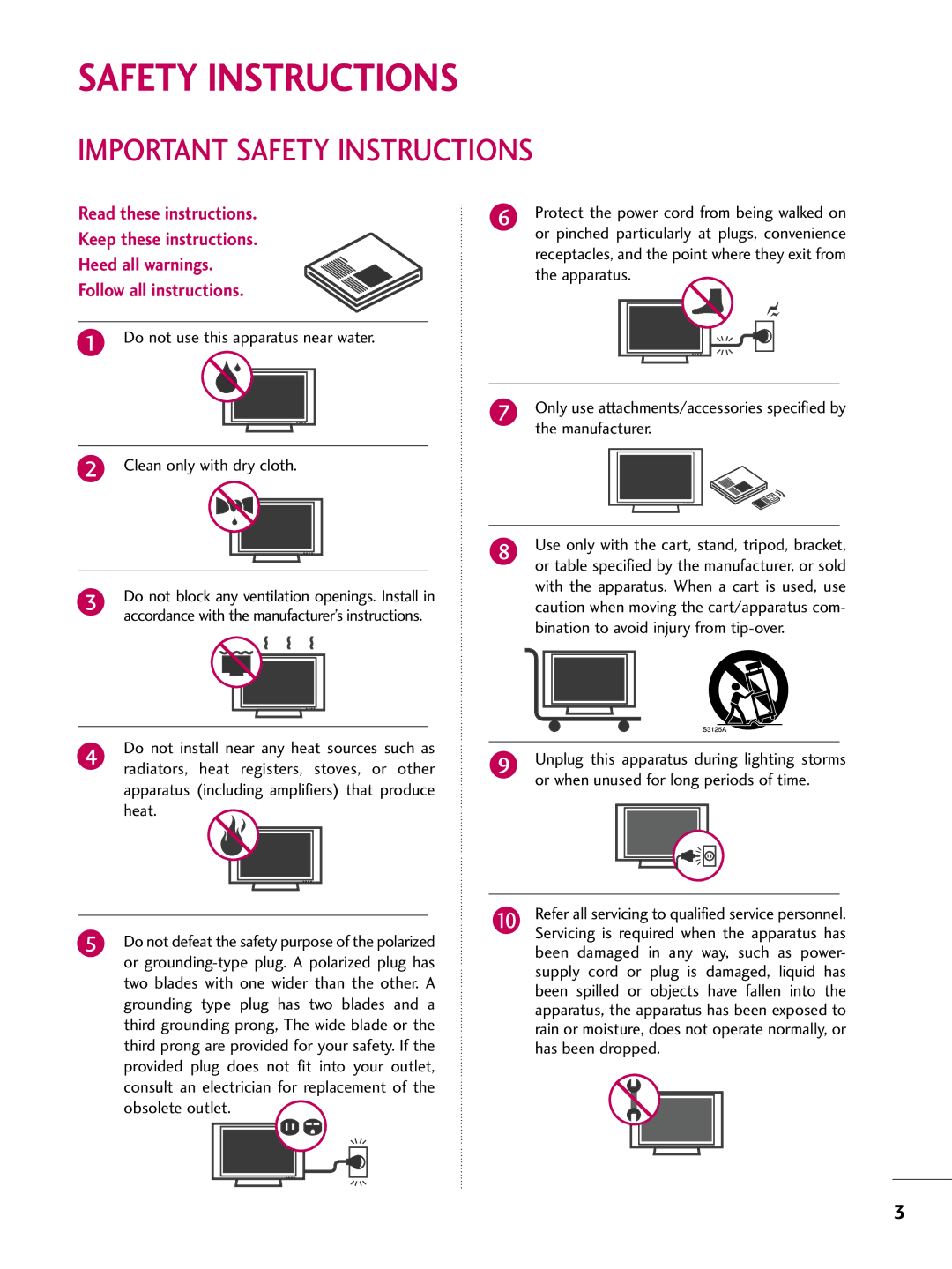 LG Electronics 37LD450, 32LD350, 47LD450, 47LD420, 32LD320, 26LD350, 22LD350, 32LD450, 42LD450 Important Safety Instructions 