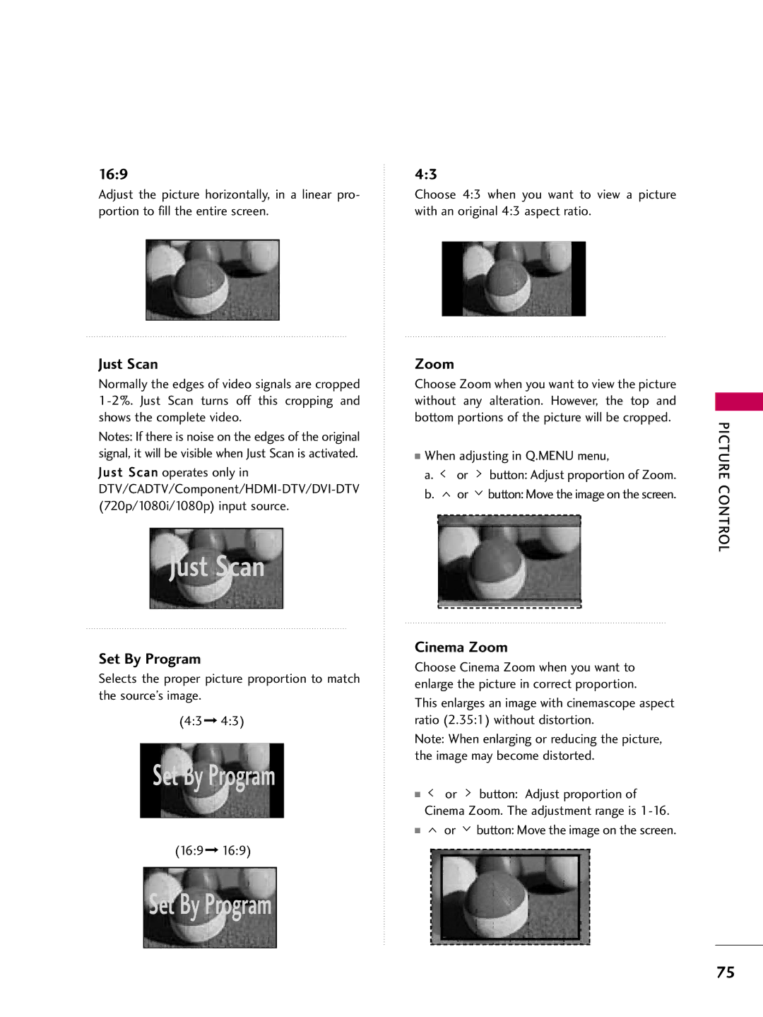 LG Electronics 37LD450, 32LD350, 47LD450, 47LD420 169, When adjusting in Q.MENU menu, Or button Move the image on the screen 