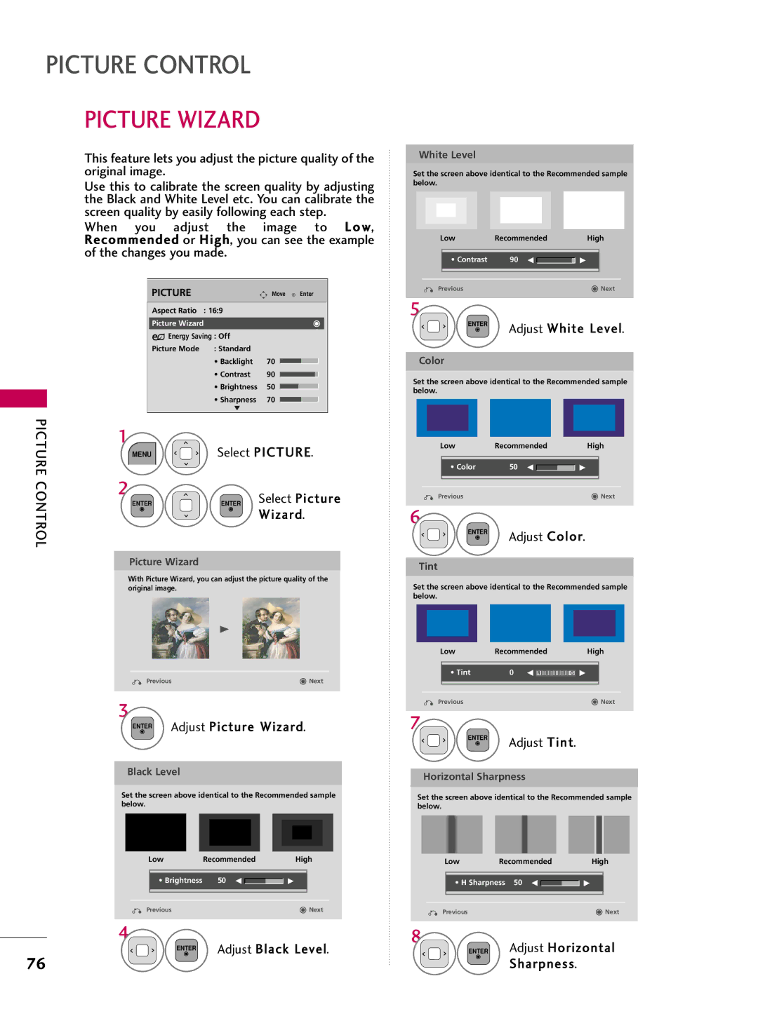 LG Electronics 32LD320, 32LD350, 47LD450, 47LD420, 37LD450, 26LD350, 22LD350, 32LD450 Adjust Picture Wizard, Sharpness 