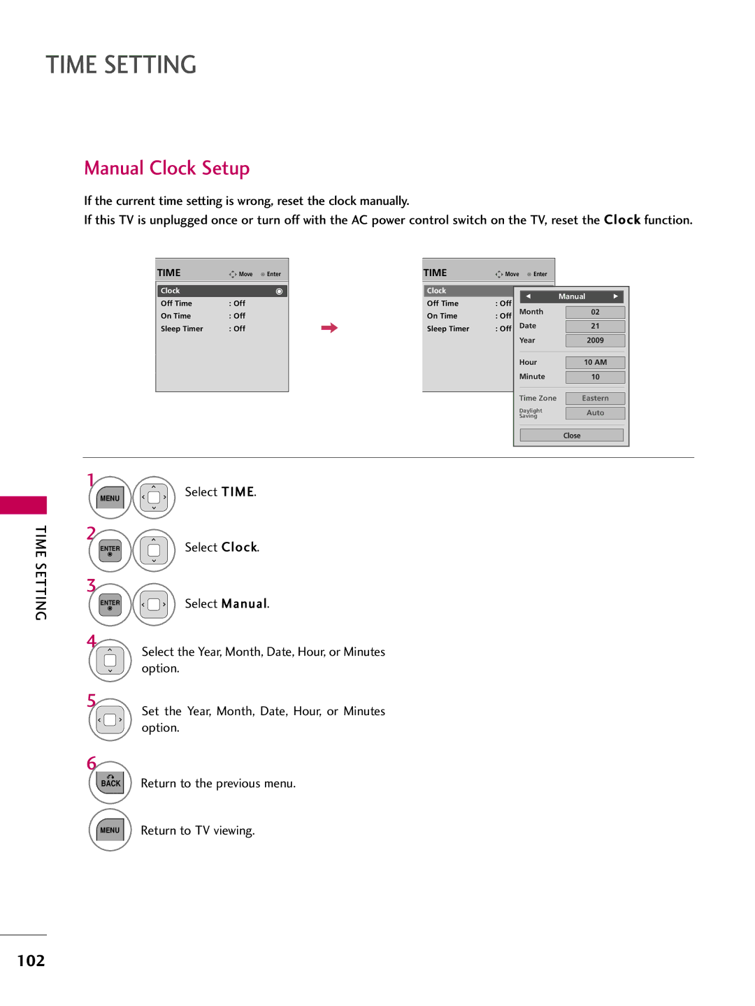 LG Electronics 37LD450, 32LD350, 47LD450, 47LD520, 47LD420, 32LD320, 26LD350, 22LD350, 32LD450, 42LD450 Manual Clock Setup, 102 