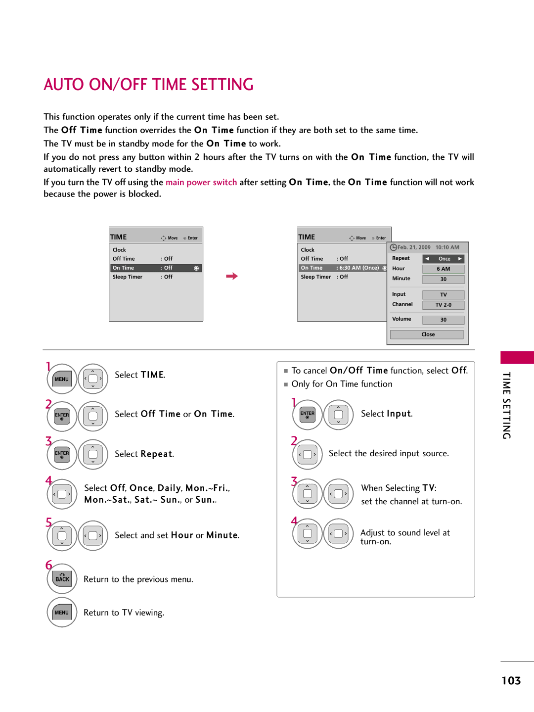 LG Electronics 32LD320, 32LD350, 47LD450, 47LD520, 47LD420, 37LD450, 26LD350, 22LD350, 32LD450 Auto ON/OFF Time Setting, 103 