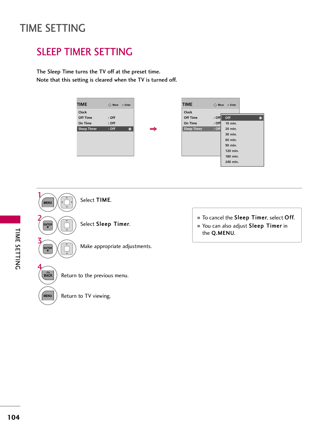 LG Electronics 26LD350, 32LD350, 47LD450, 47LD520 Sleep Timer Setting, 104, Sleep Time turns the TV off at the preset time 