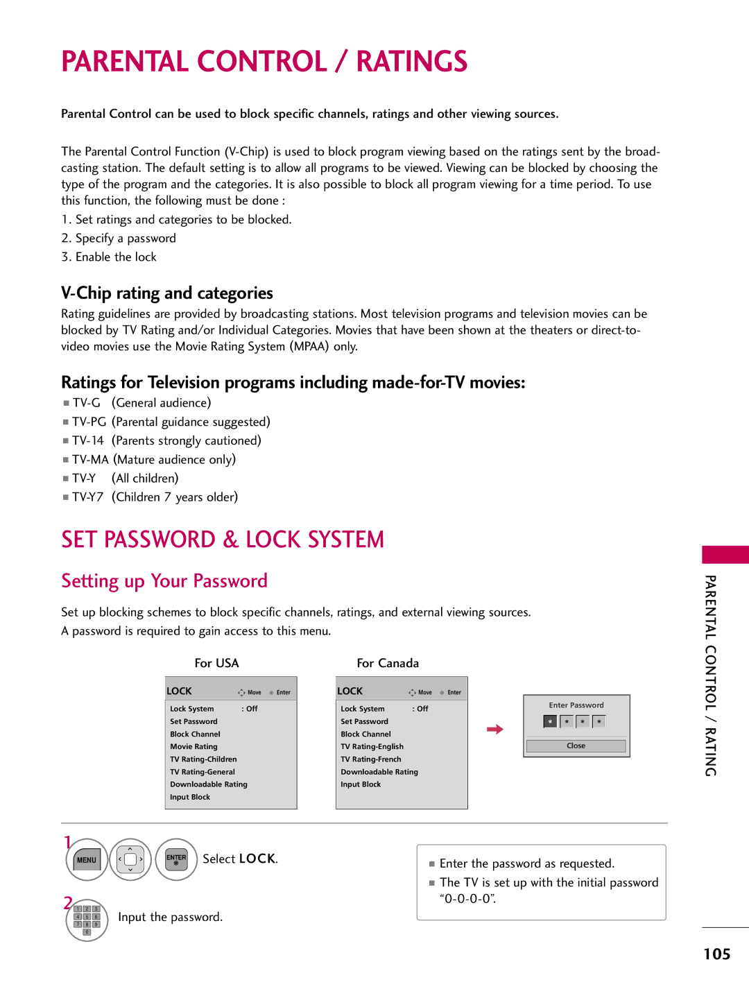 LG Electronics 22LD350, 32LD350 SET Password & Lock System, Setting up Your Password, Chip rating and categories, 105 