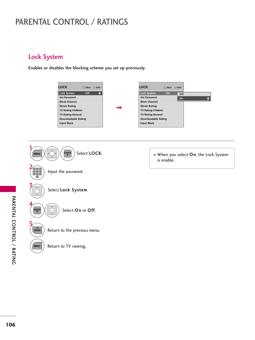 LG Electronics 32LD450, 32LD350, 47LD450 106, When you select O n, the Lock System is enable, Parental Control / Rating 