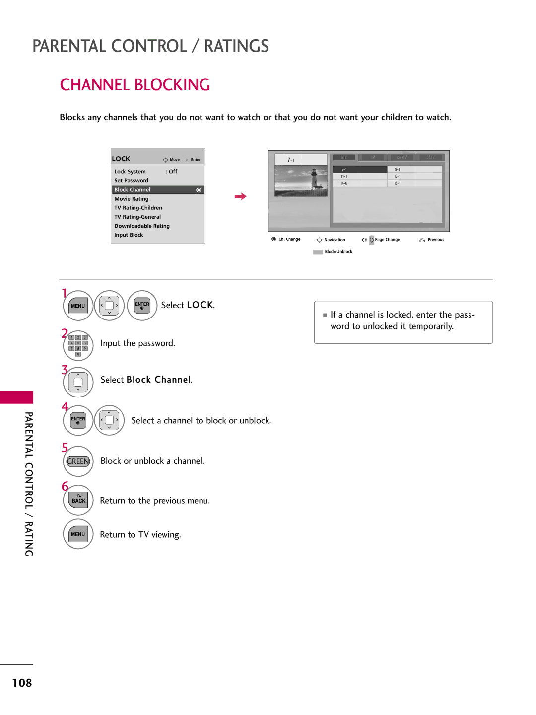 LG Electronics 42LD520, 32LD350, 47LD450, 47LD520, 47LD420 Channel Blocking, 108, If a channel is locked, enter the pass 