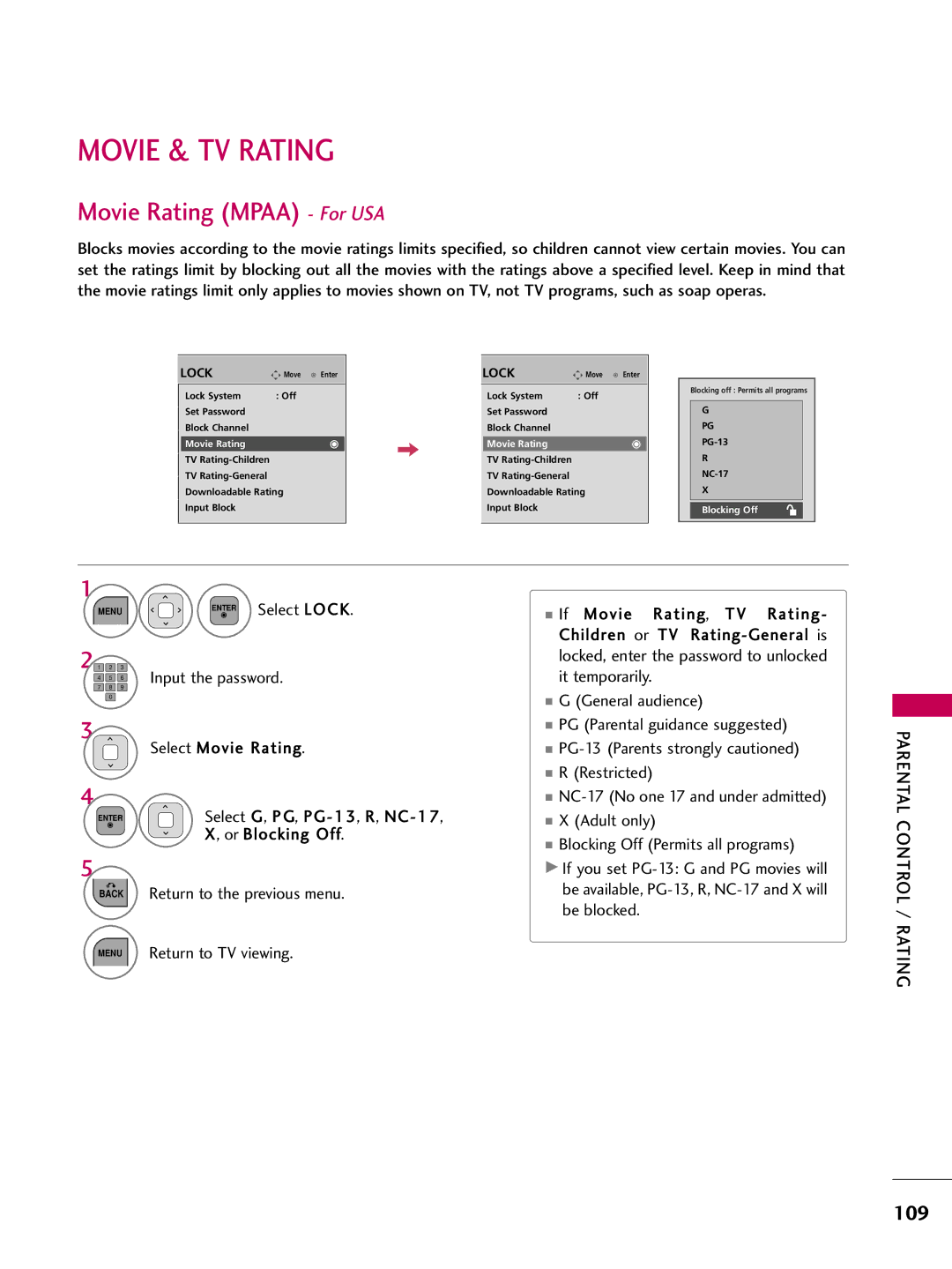 LG Electronics 42LD420, 32LD350, 47LD450, 47LD520 Movie & TV Rating, Movie Rating Mpaa For USA, 109, Parental Control 