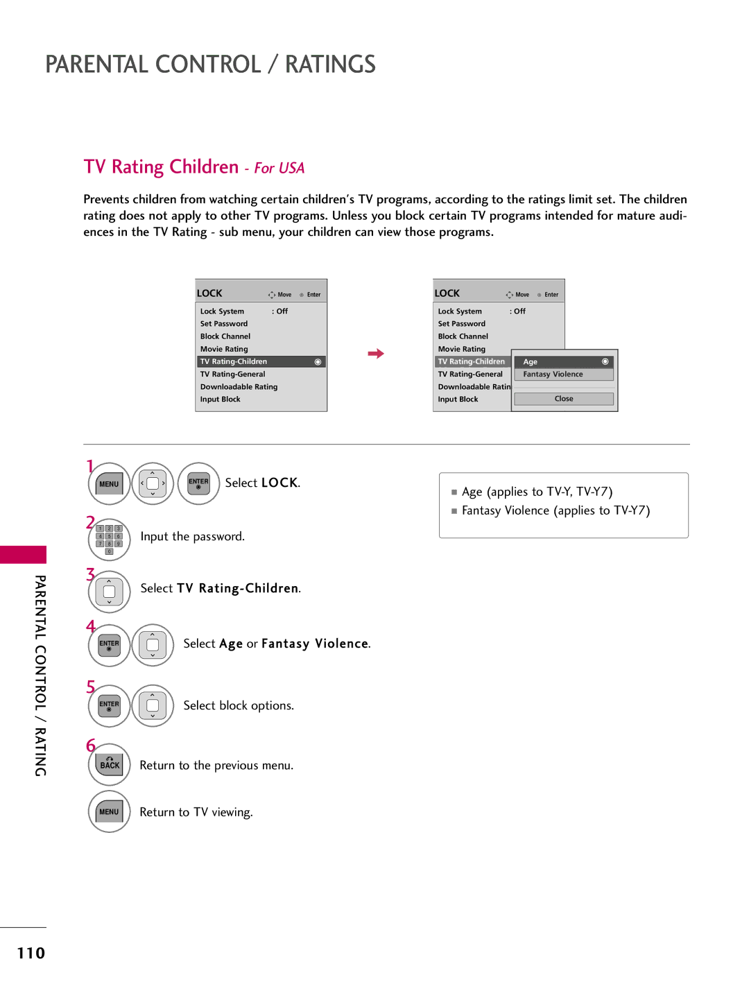 LG Electronics 55LD520, 32LD350, 47LD450, 47LD520 TV Rating Children For USA, 110, Select Lock Age applies to TV-Y, TV-Y7 