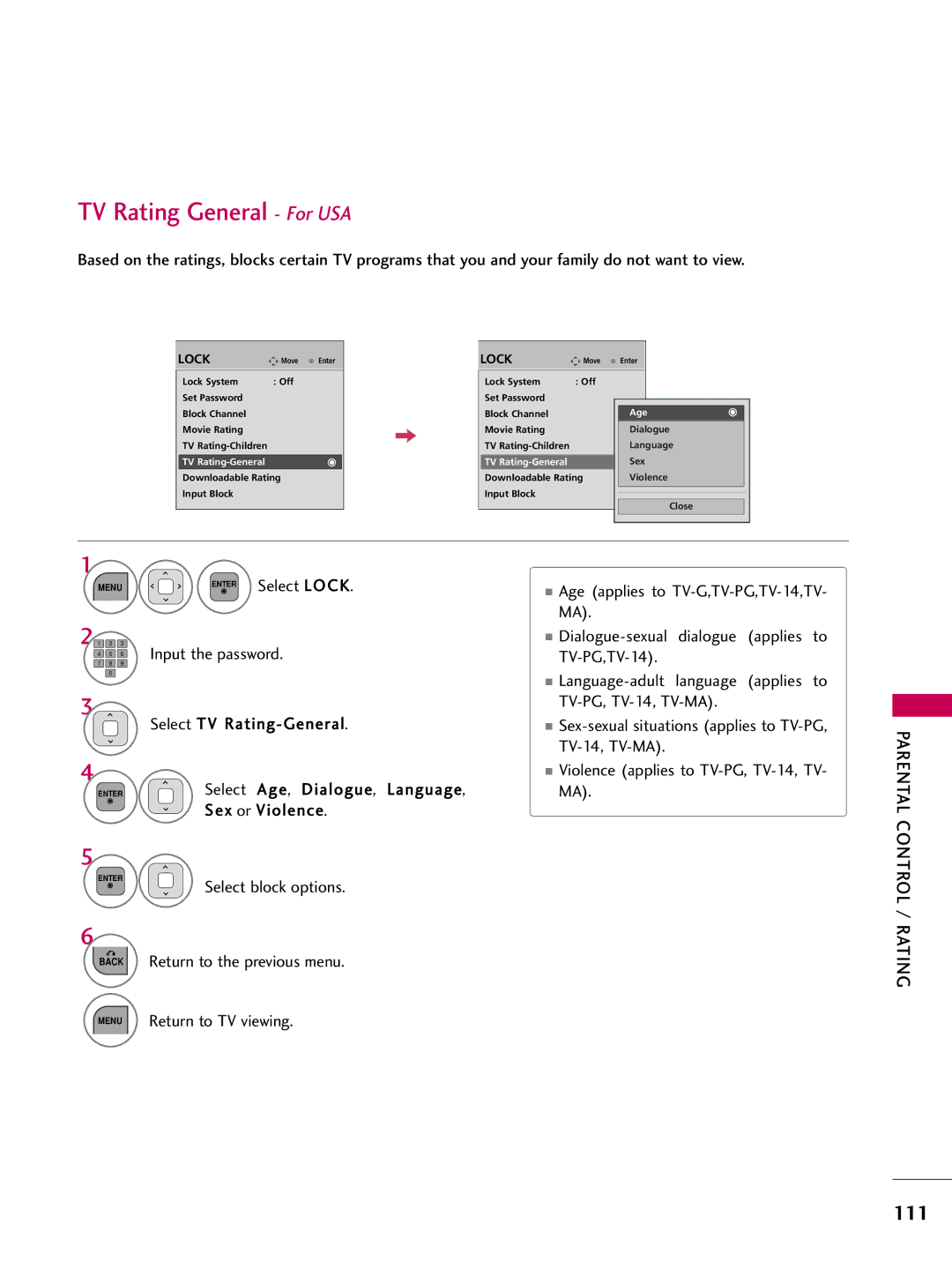 LG Electronics 19LD350, 32LD350 TV Rating General For USA, 111, Select TV Rating-General, Select Age, Dialogue, Language 