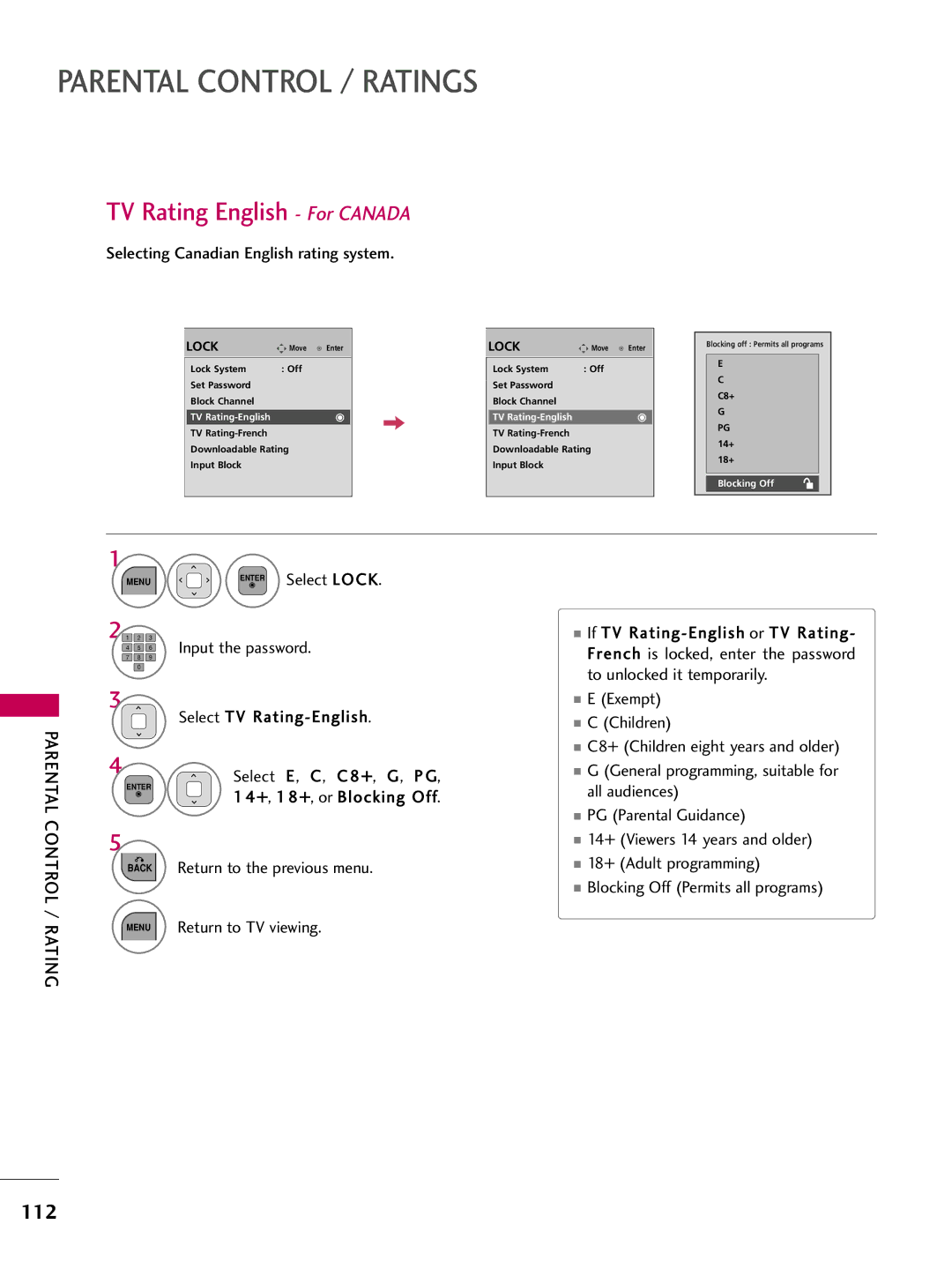 LG Electronics 32LD350, 47LD450, 47LD520 TV Rating English For Canada, 112, Selecting Canadian English rating system 