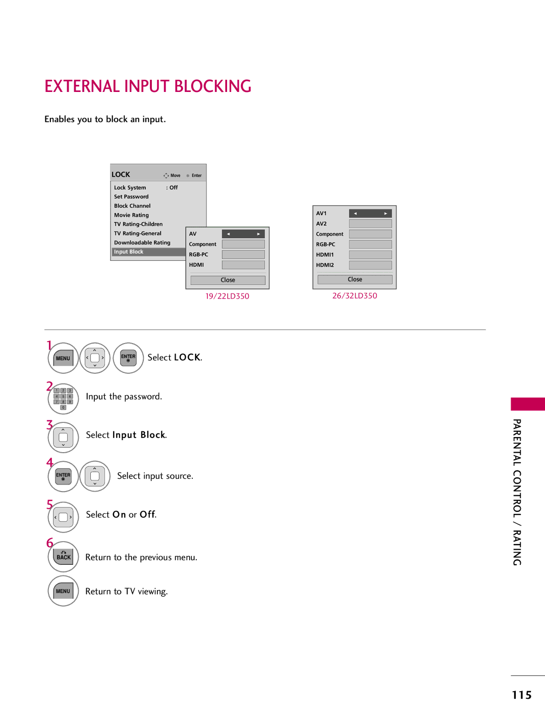 LG Electronics 47LD420, 32LD350, 47LD450, 47LD520, 37LD450 External Input Blocking, 115, Enables you to block an input 