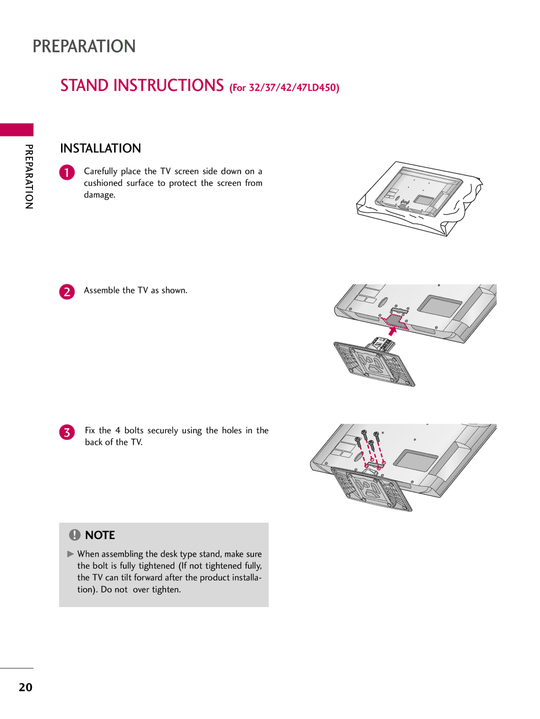 LG Electronics 26LD350, 32LD350, 47LD520, 47LD420, 37LD450, 32LD320, 22LD350, 32LD450 Stand Instructions For 32/37/42/47LD450 