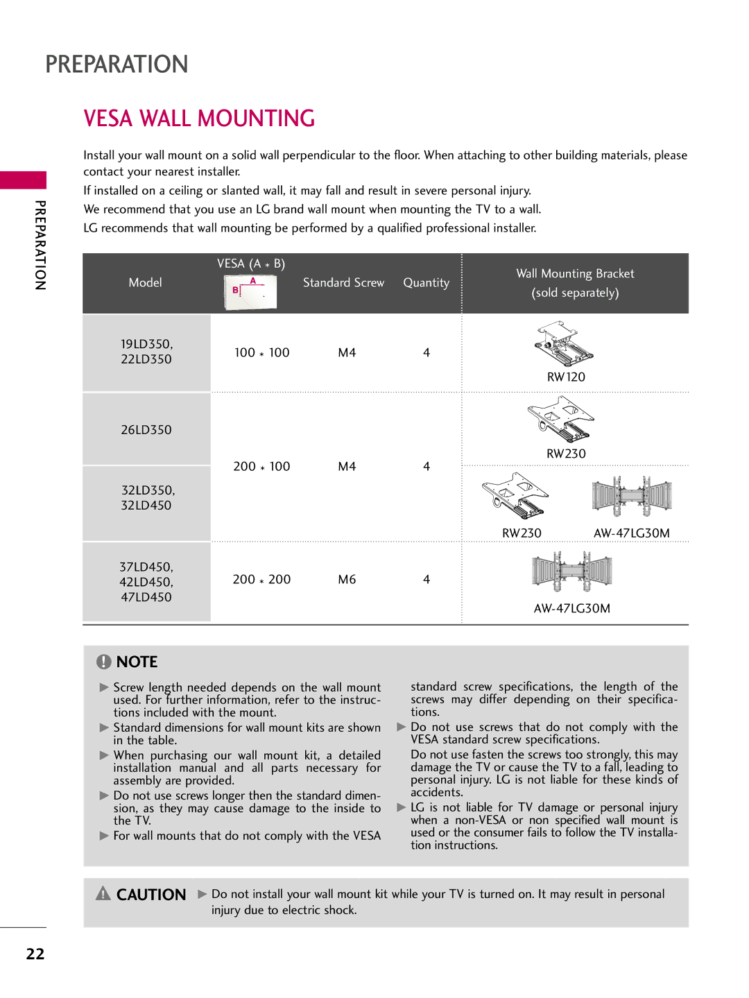 LG Electronics 47LD450, 47LD520 Vesa Wall Mounting, 100, RW120 26LD350 RW230 200 32LD350 32LD450 RW230 AW-47LG30M 