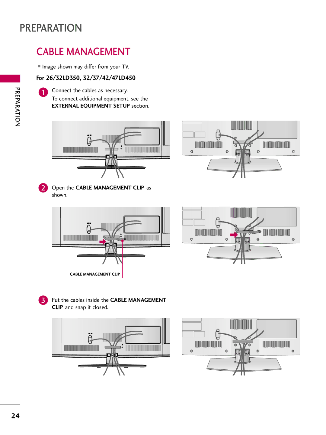 LG Electronics 42LD520, 47LD520, 47LD420, 37LD450, 32LD320 For 26/32LD350, 32/37/42/47LD450, Connect the cables as necessary 