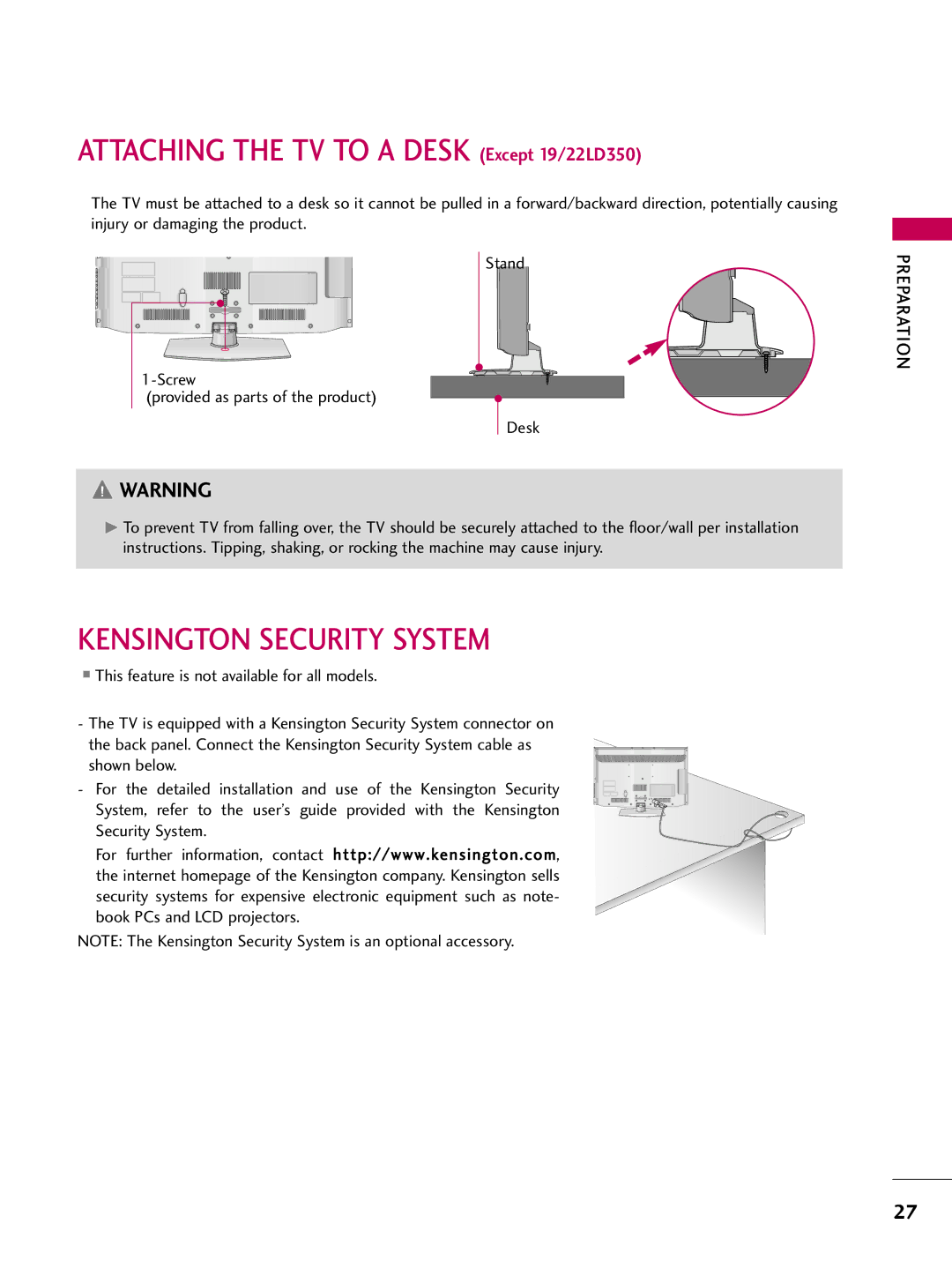 LG Electronics 19LD350, 32LD350, 47LD450, 47LD520 Attaching the TV to a Desk Except 19/22LD350, Kensington Security System 