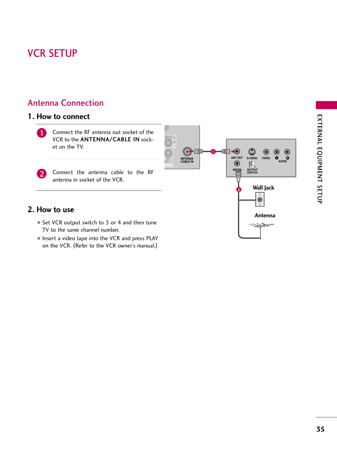 LG Electronics 22LD350, 32LD350, 47LD450, 47LD520, 47LD420, 37LD450, 32LD320, 26LD350, 32LD450 VCR Setup, Antenna Connection 