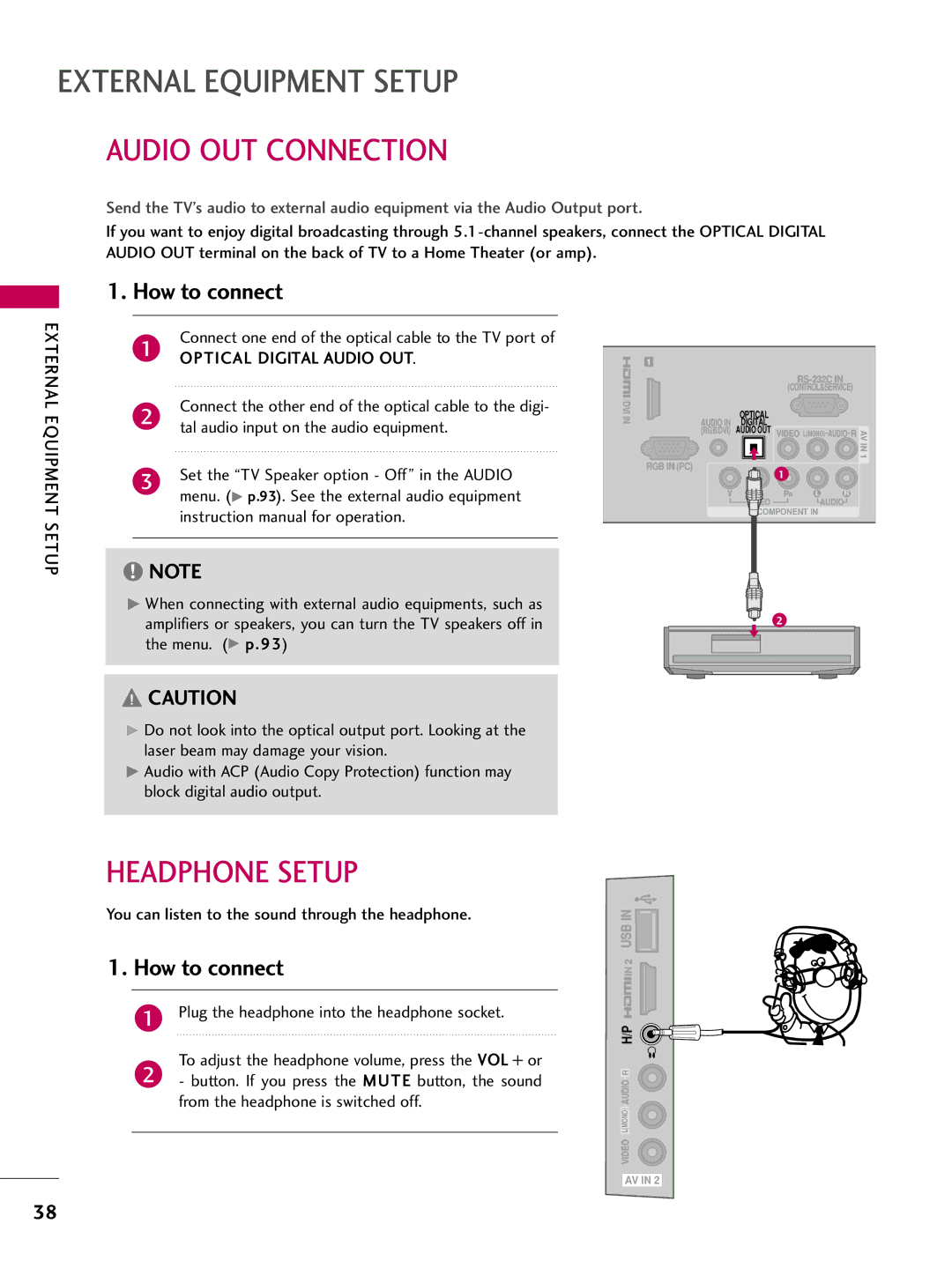 LG Electronics 42LD520, 32LD350 Audio OUT Connection, Headphone Setup, Connect one end of the optical cable to the TV port 