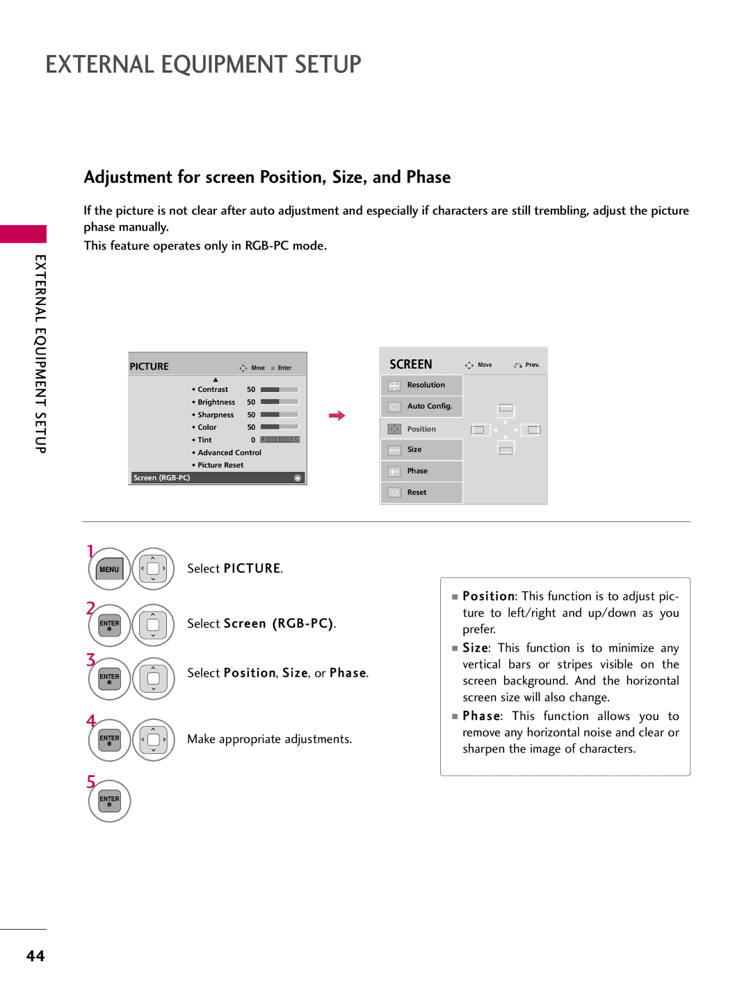 LG Electronics 47LD520, 32LD350, 47LD450, 47LD420, 37LD450, 32LD320, 26LD350 Adjustment for screen Position, Size, and Phase 