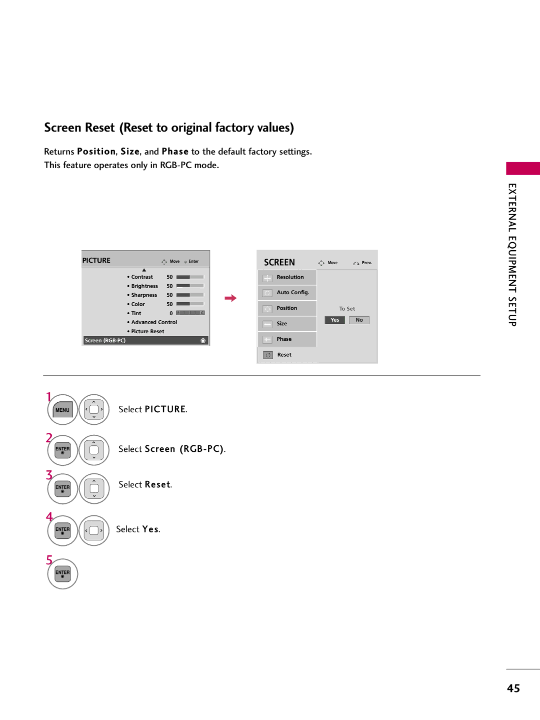 LG Electronics 47LD420, 32LD350, 47LD450, 47LD520, 37LD450 Screen Reset Reset to original factory values, Enter Select Reset 