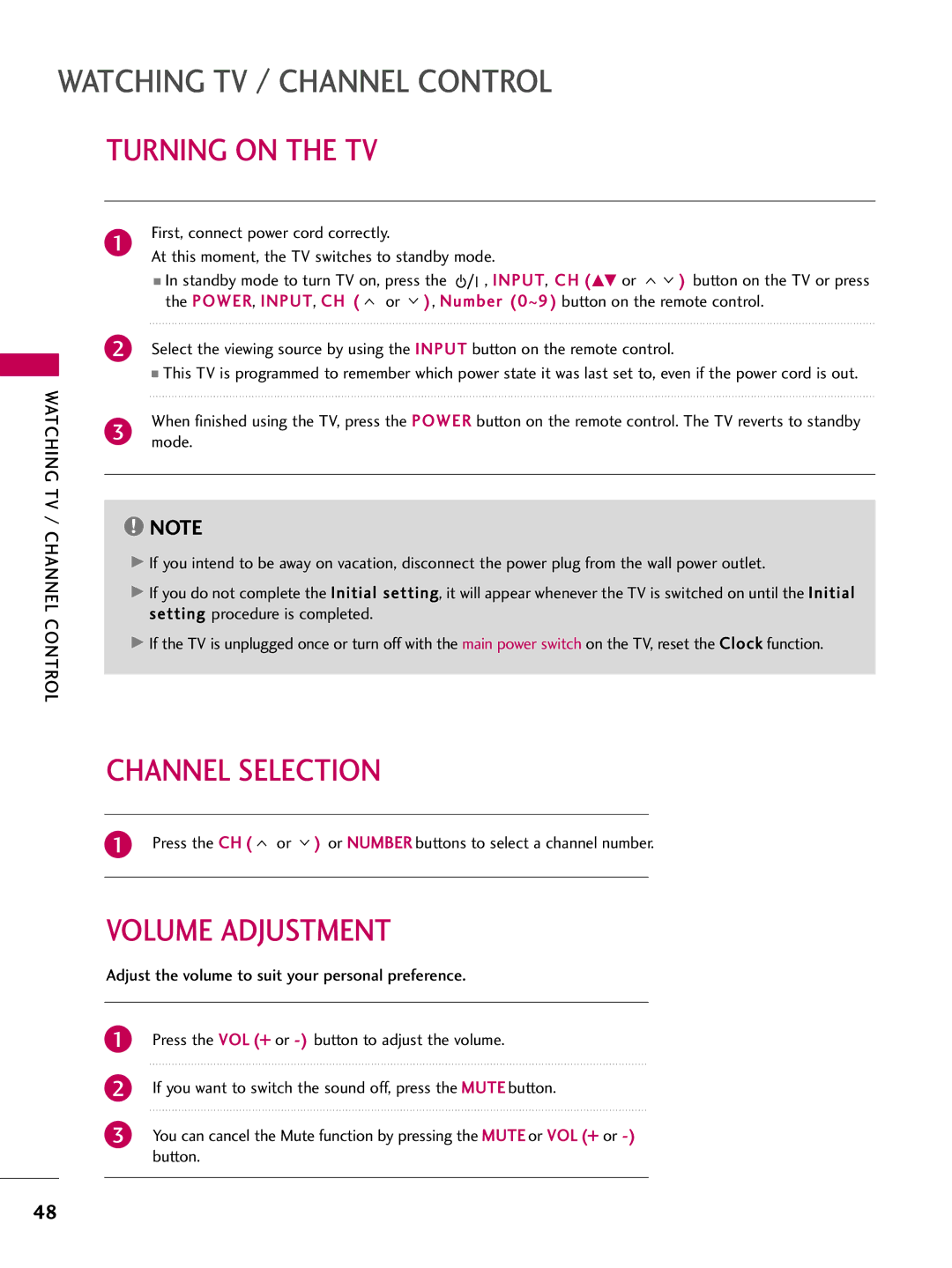 LG Electronics 26LD350, 32LD350, 47LD450, 47LD520, 47LD420, 37LD450 Turning on the TV, Channel Selection, Volume Adjustment 