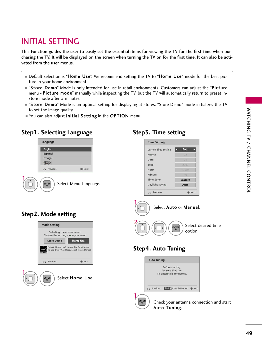 LG Electronics 22LD350, 32LD350, 47LD450, 47LD520, 47LD420 Initial Setting, Selecting Language, Time setting, Channel Control 