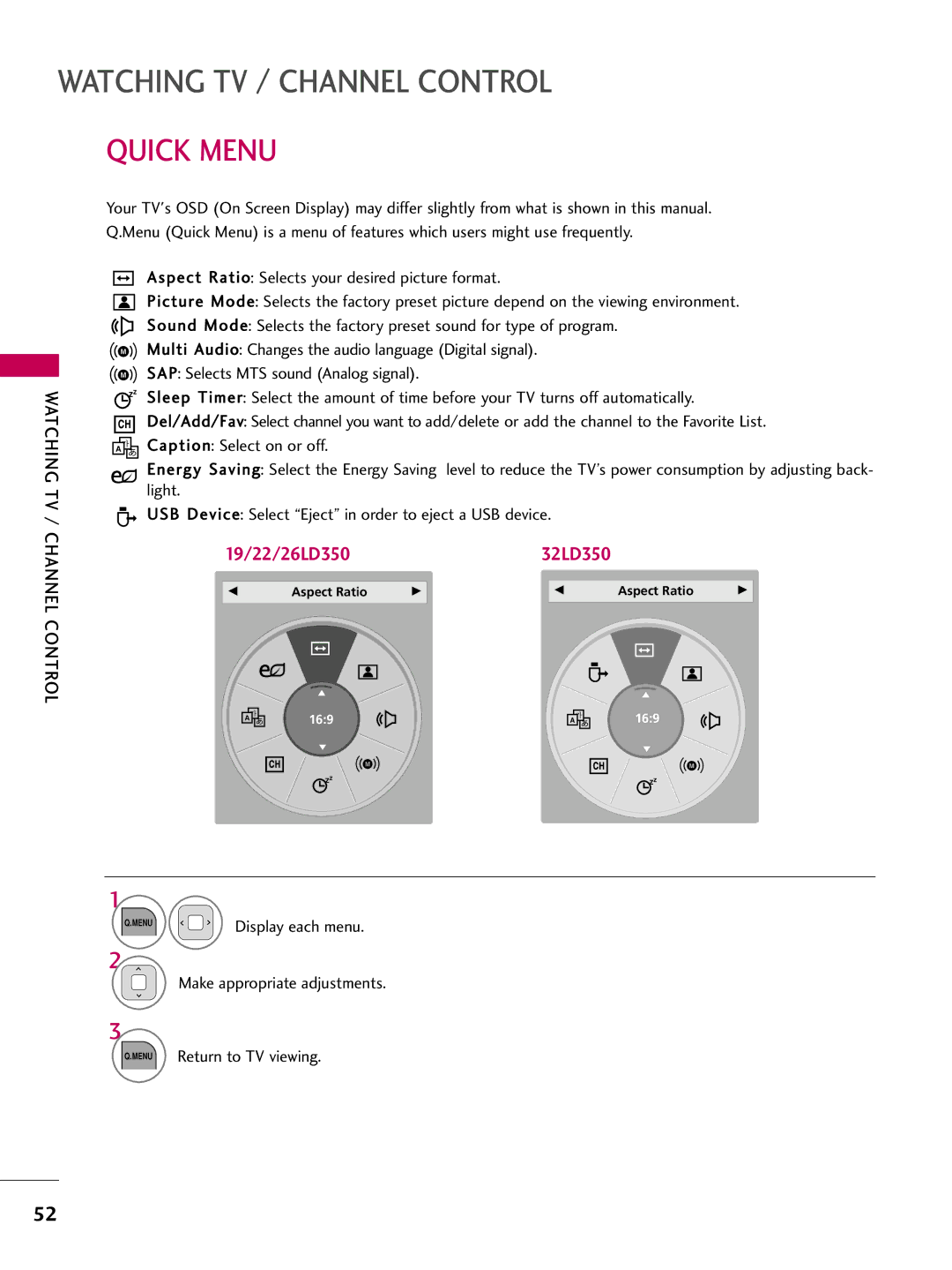 LG Electronics 42LD520, 32LD350, 47LD450, 47LD520 Quick Menu, Light, USB Device Select Eject in order to eject a USB device 