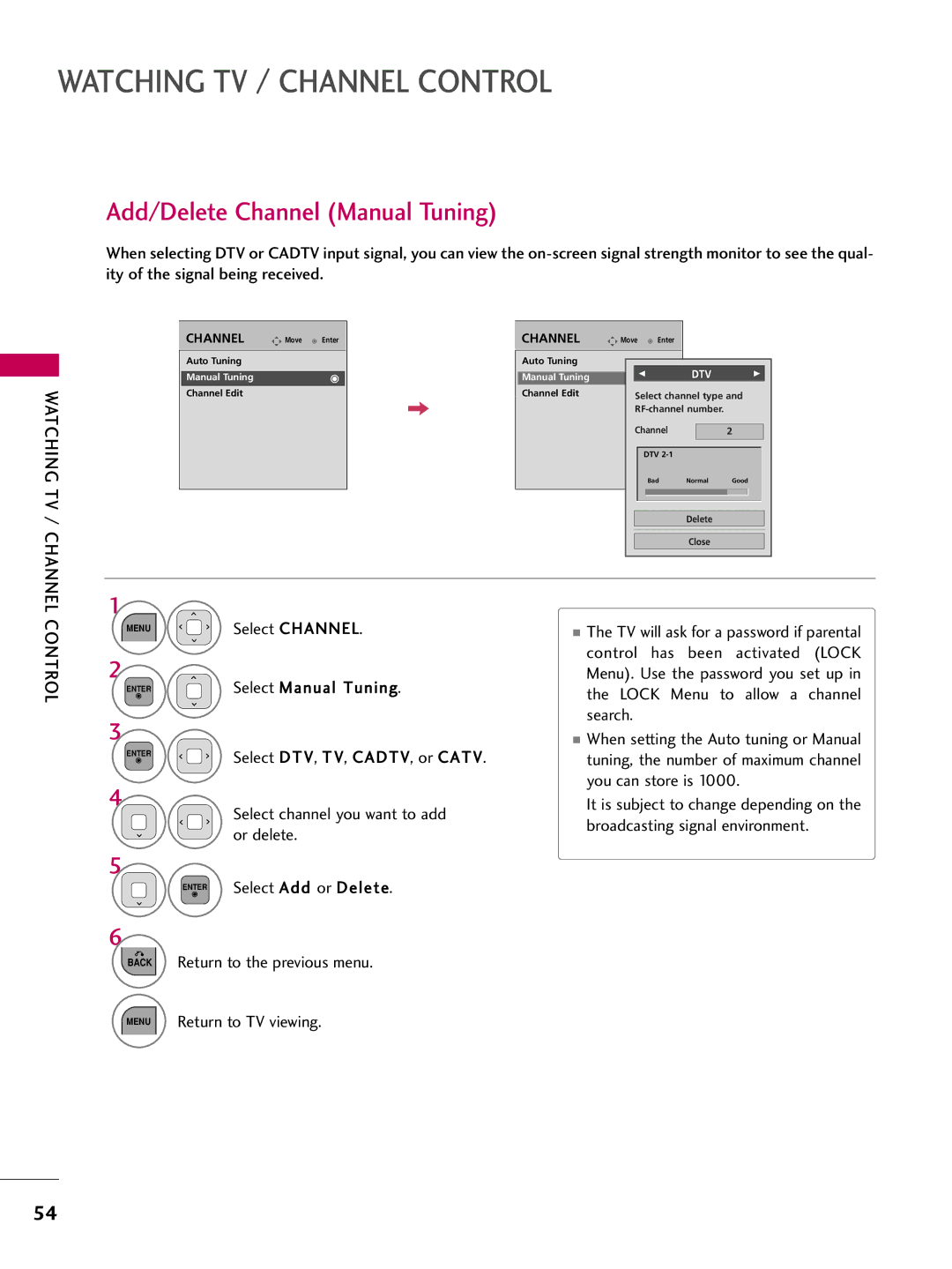 LG Electronics 55LD520, 32LD350, 47LD450, 47LD520, 47LD420 Add/Delete Channel Manual Tuning, Back Return to the previous menu 