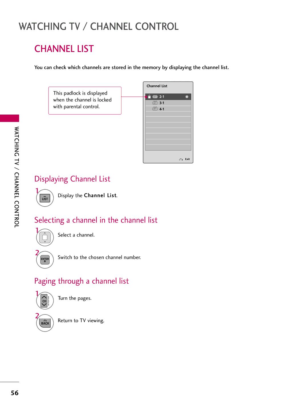 LG Electronics 32LD350 Displaying Channel List, Selecting a channel in the channel list, Paging through a channel list 