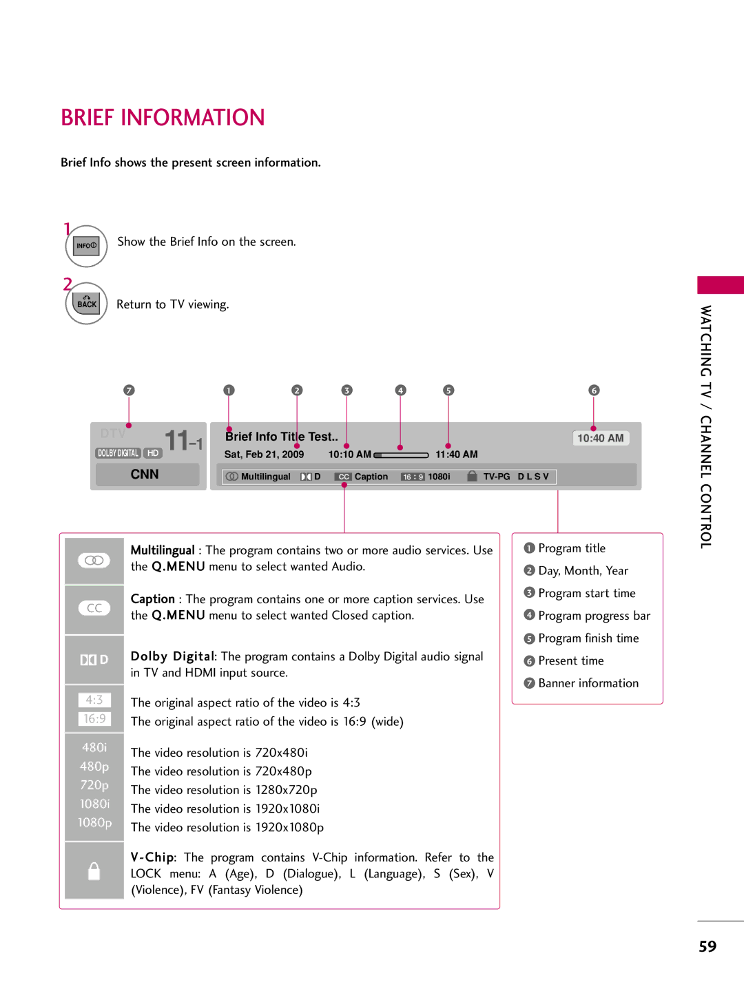 LG Electronics 47LD420, 32LD350, 47LD450 Brief Information, Brief Info shows the present screen information, Watching 