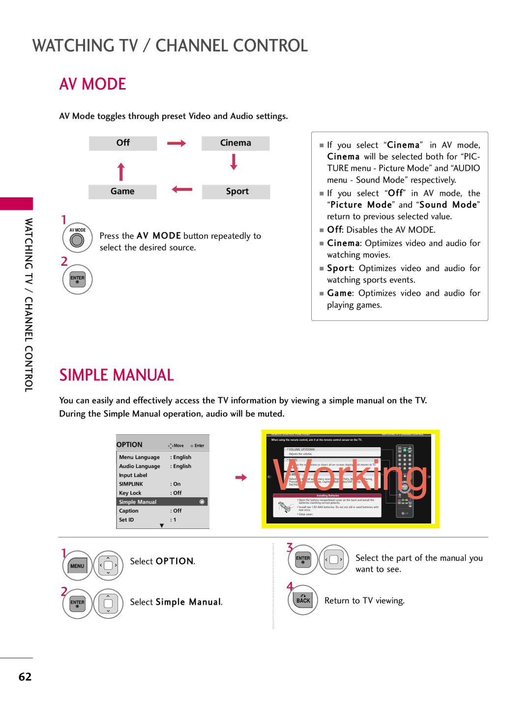 LG Electronics 26LD350, 32LD350, 47LD450, 47LD520 Simple Manual, AV Mode toggles through preset Video and Audio settings 