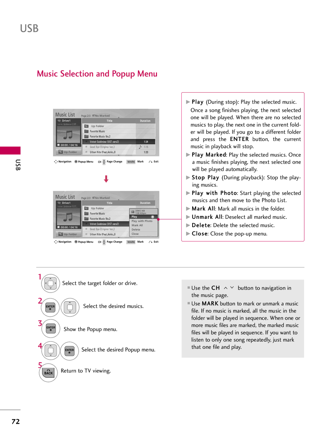 LG Electronics 47LD520, 32LD350, 47LD450 Music Selection and Popup Menu, Use the CH button to navigation in the music 