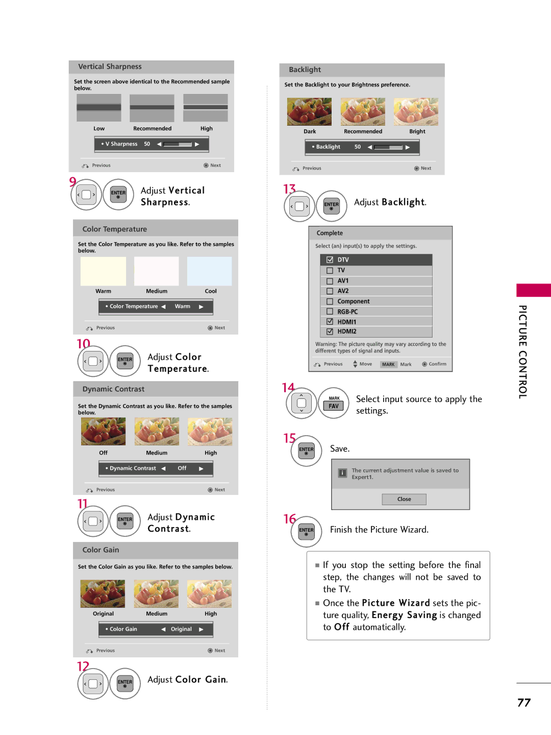 LG Electronics 22LD350, 32LD350, 47LD450, 47LD520, 47LD420, 37LD450, 32LD320 Picture Control, Save, Finish the Picture Wizard 